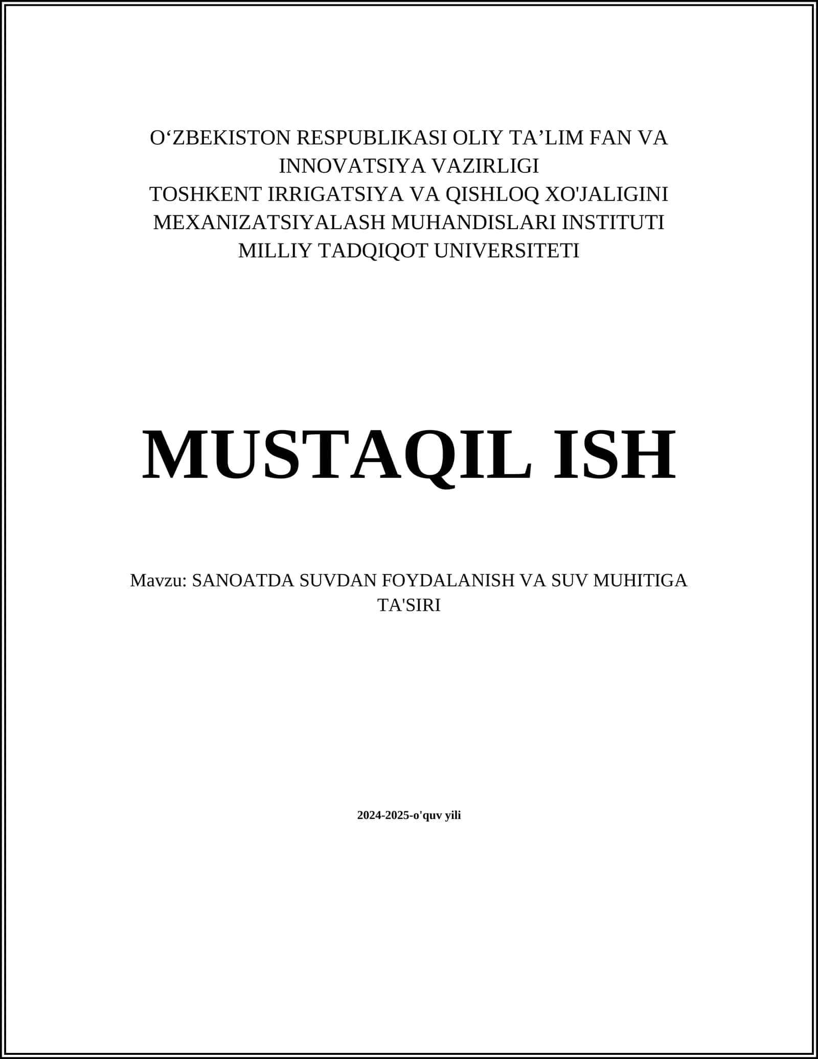 SANOATDA SUVDAN FOYDALANISH VA SUV MUHITIGA TA'SIRI