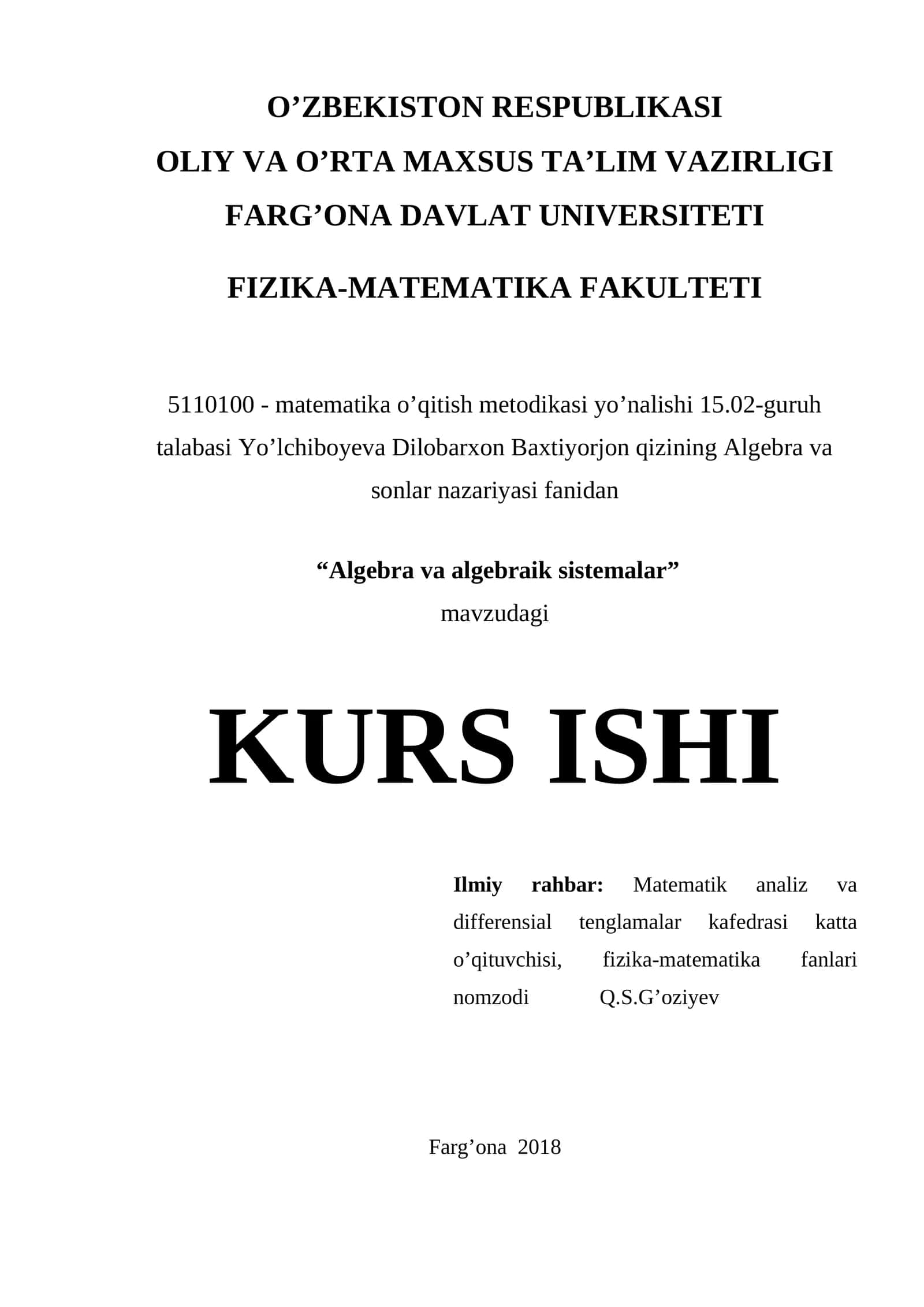 Algebra va algebraik sistemalar