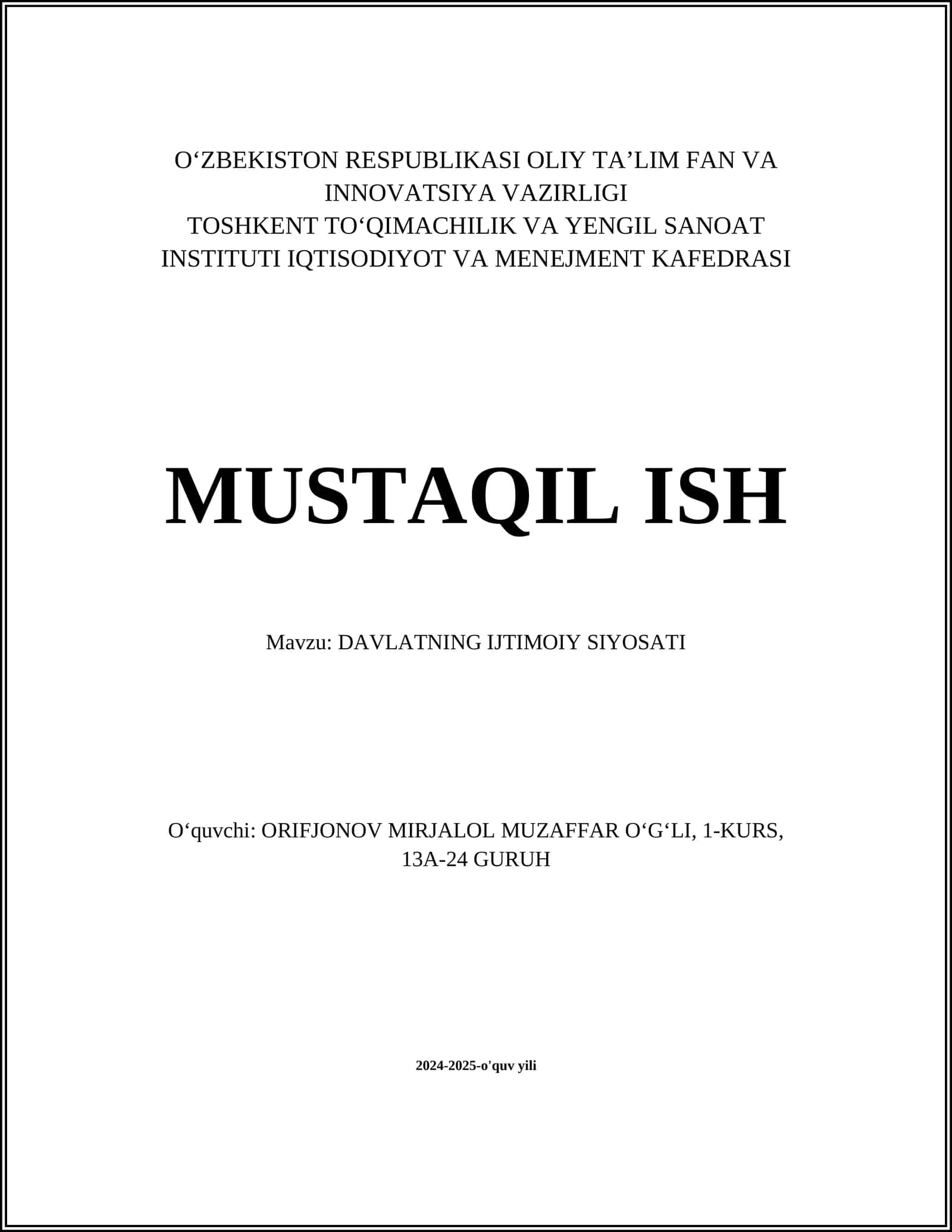 DAVLATNING IJTIMOIY SIYOSATI