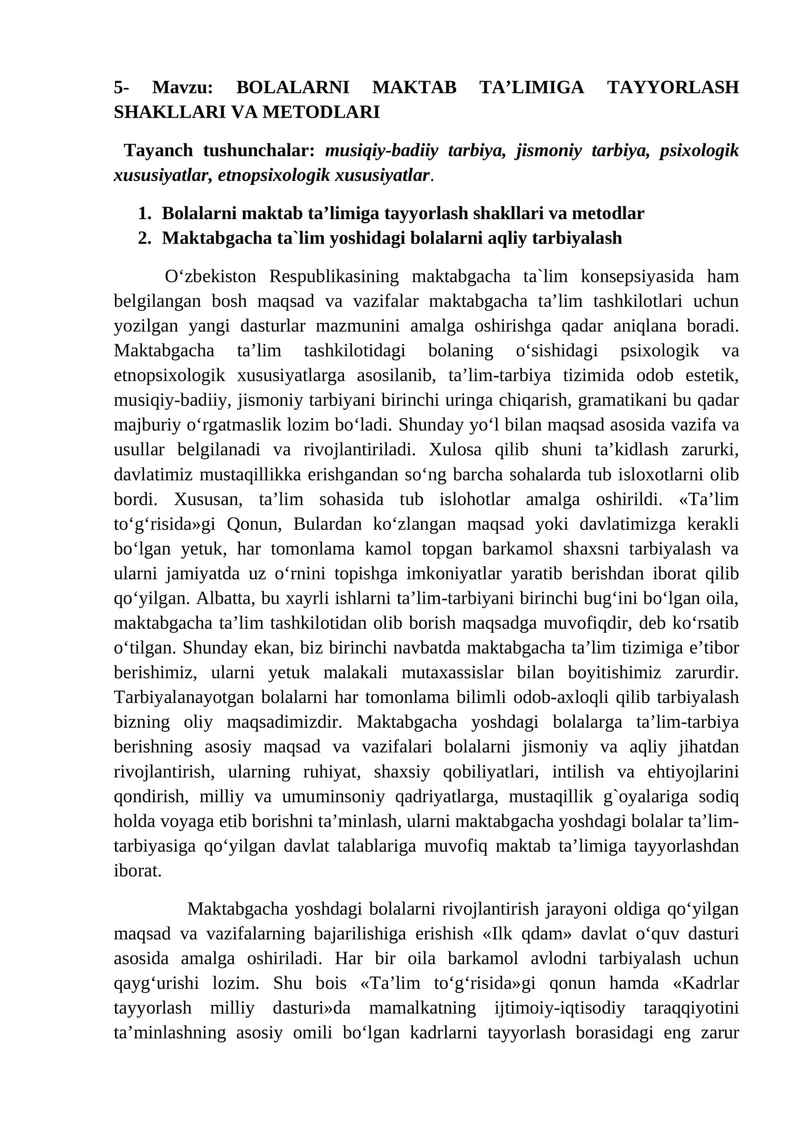 BOLALARNI MAKTAB TA’LIMIGA TAYYORLASH SHAKLLARI VA METODLARI