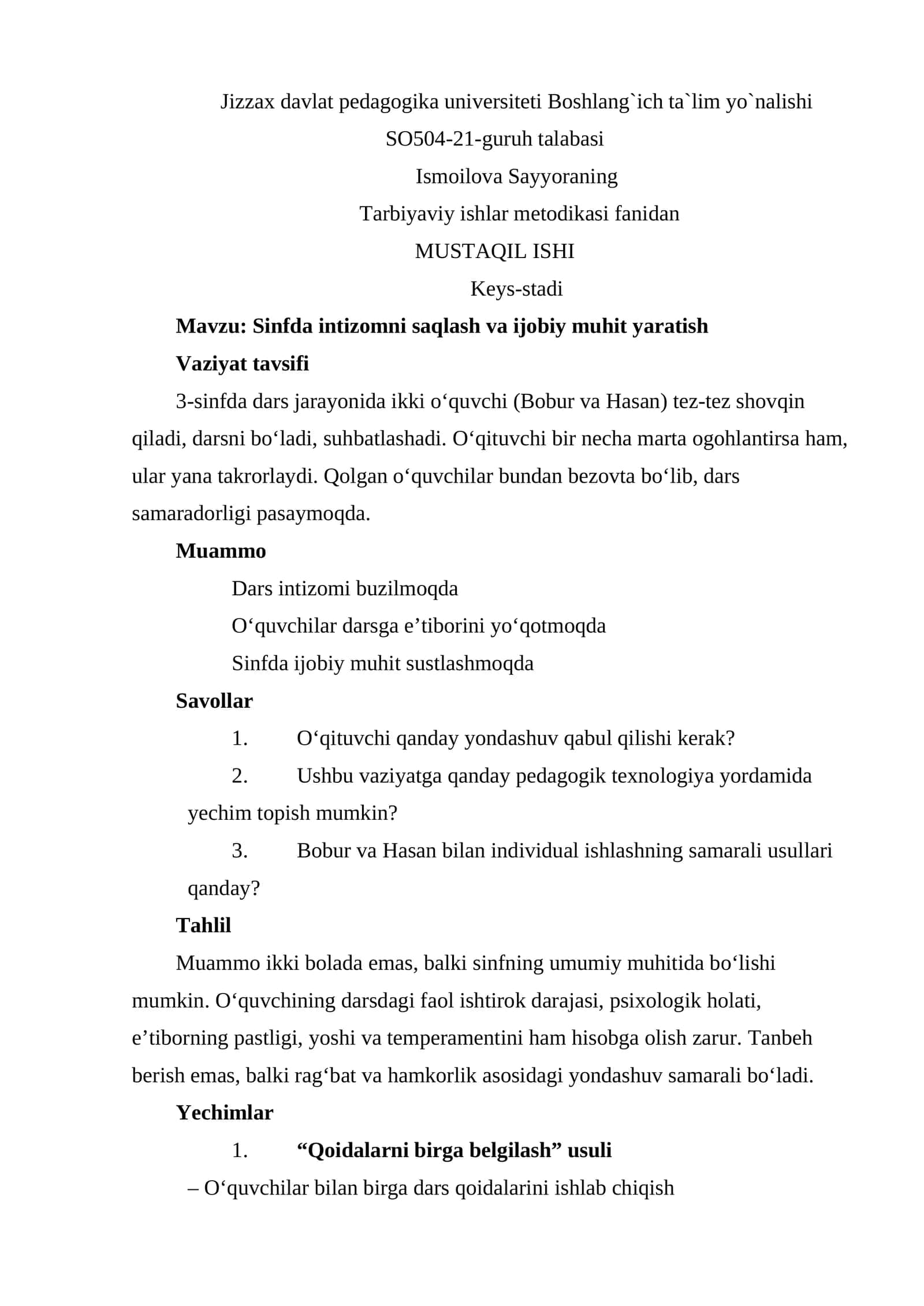 Mavzu: Sinfda intizomni saqlash va ijobiy muhit yaratish