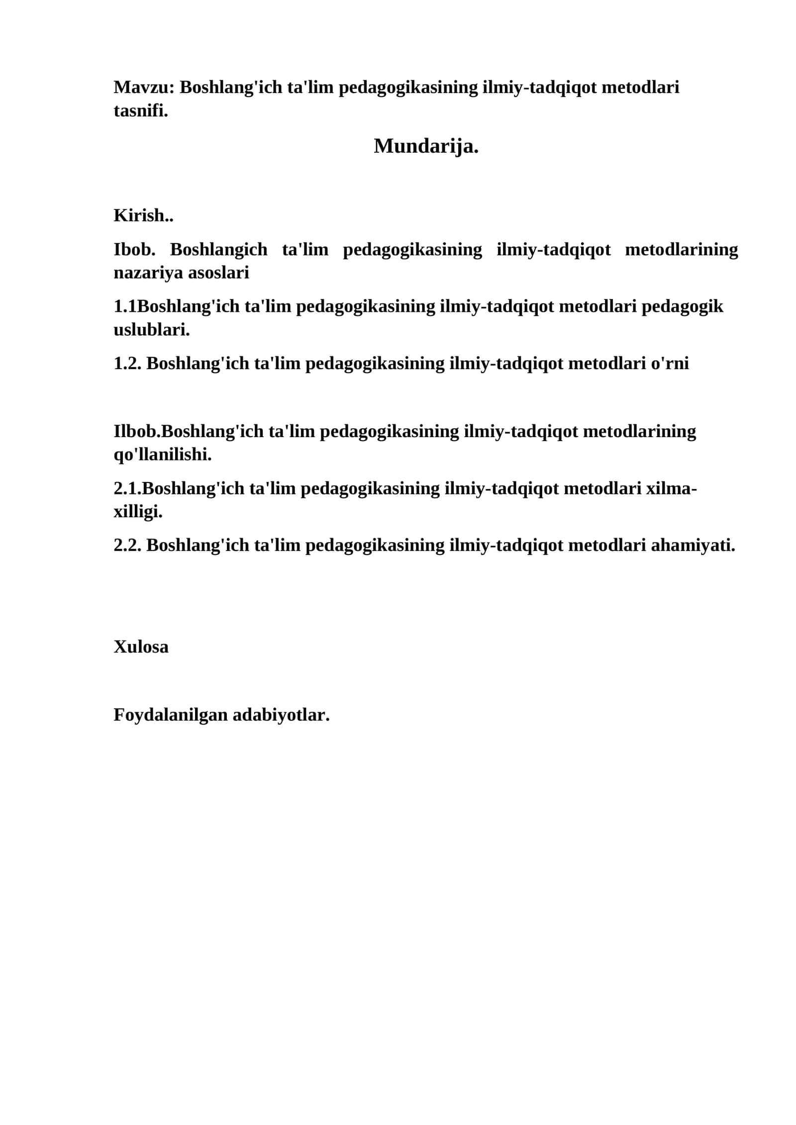 Boshlang'ich ta'lim pedagogikasining ilmiy-tadqiqot metodlari tasnifi
