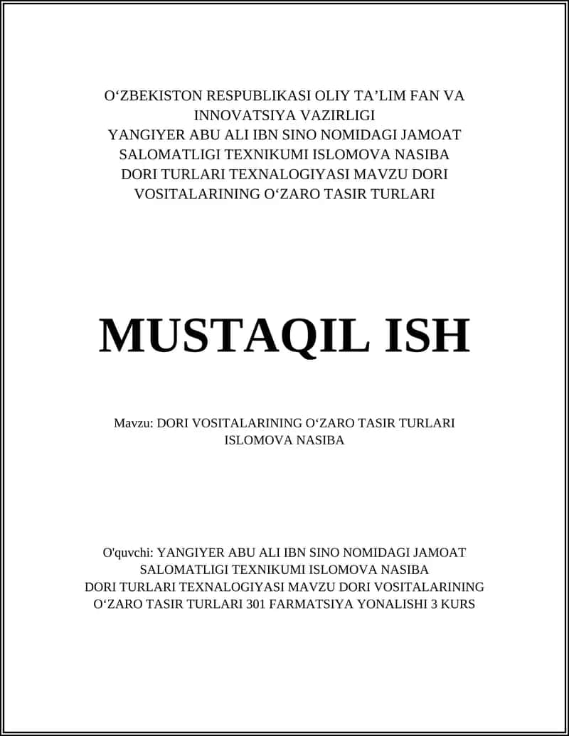 DORI VOSITALARINING OʻZARO TASIR TURLARI