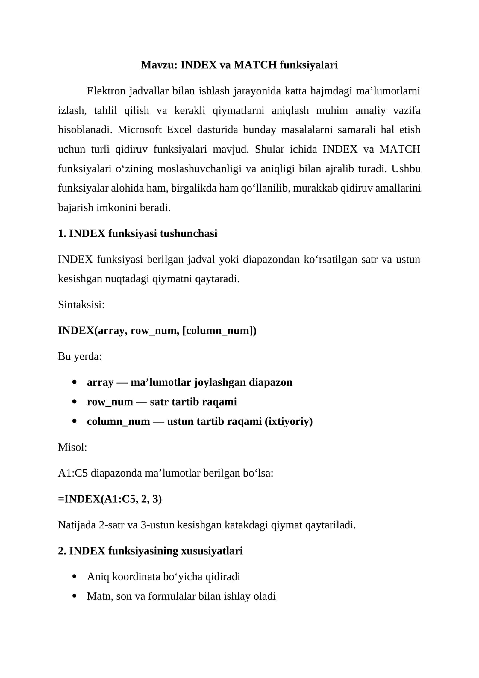INDEX va MATCH funksiyalari