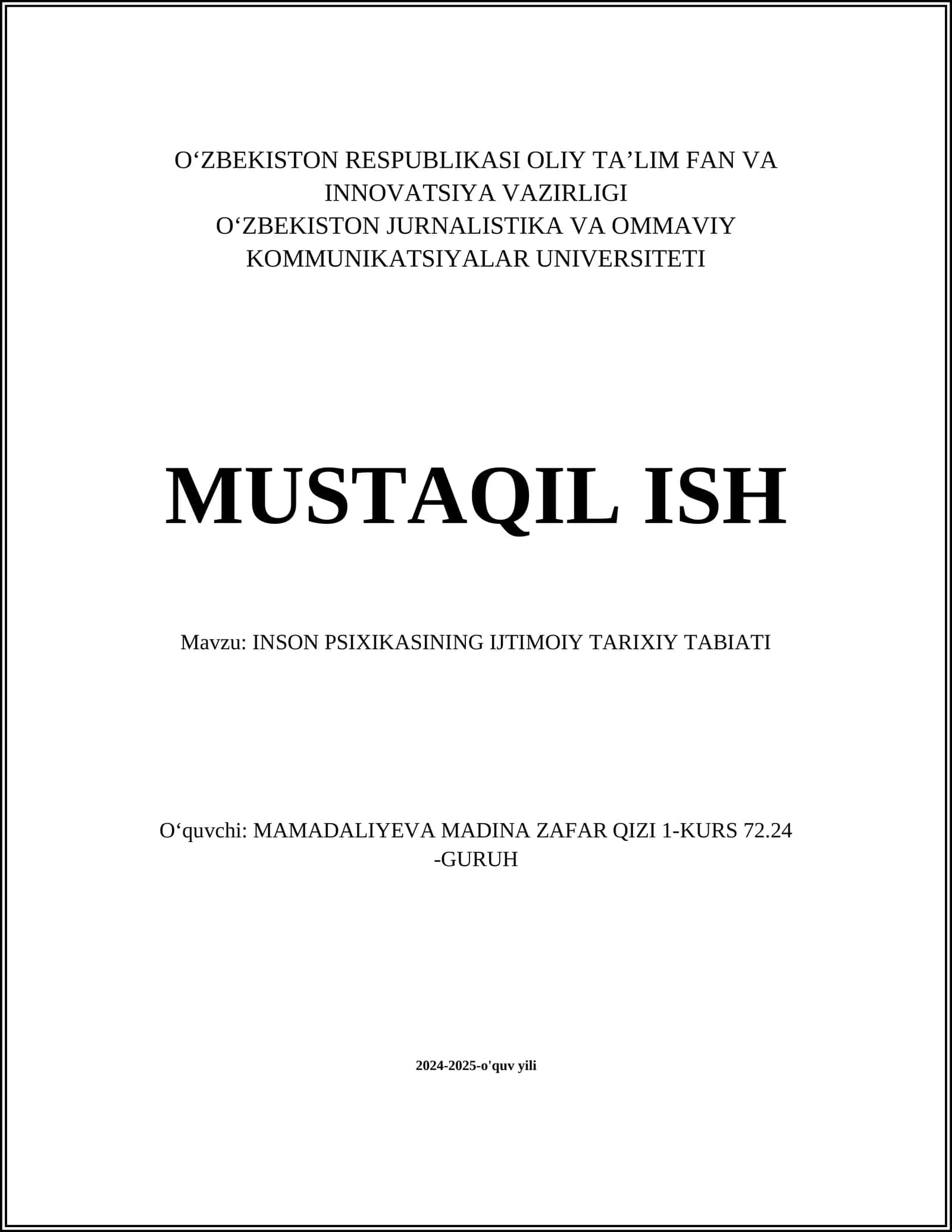 INSON PSIXIKASINING IJTIMOIY TARIXIY TABIATI