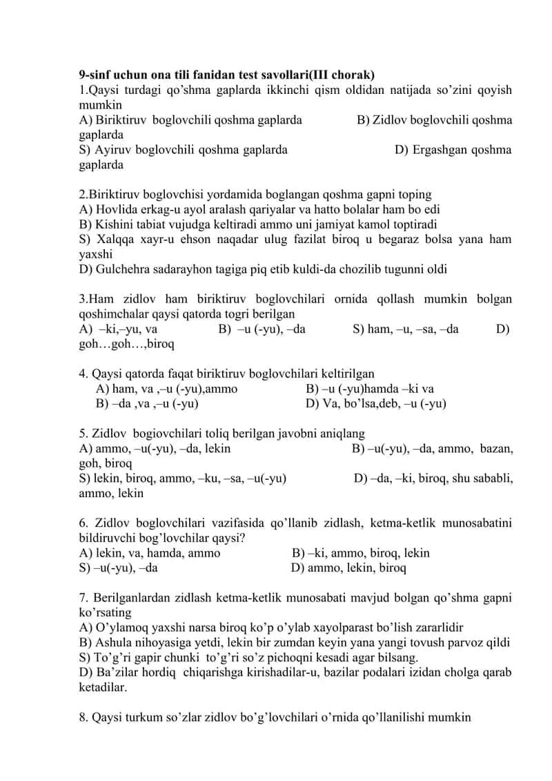 9-sinf uchun ona tili fanidan test savollari(III chorak)