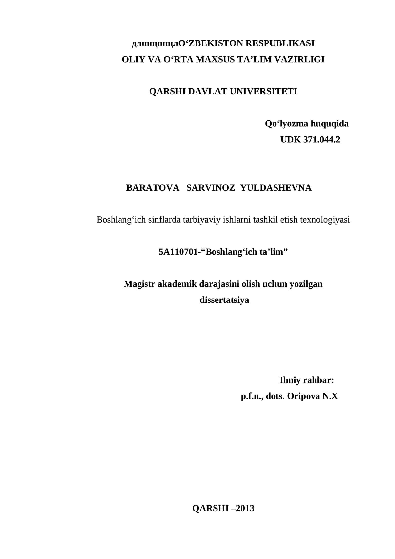 Boshlang‘ich sinflarda tarbiyaviy ishlarni tashkil etish texnologiyasi