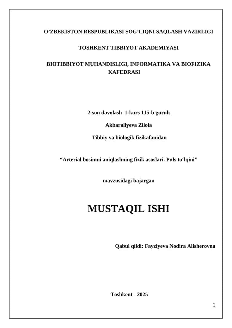 Arterial bosimni aniqlashning fizik asoslari. Puls toʻlqini
