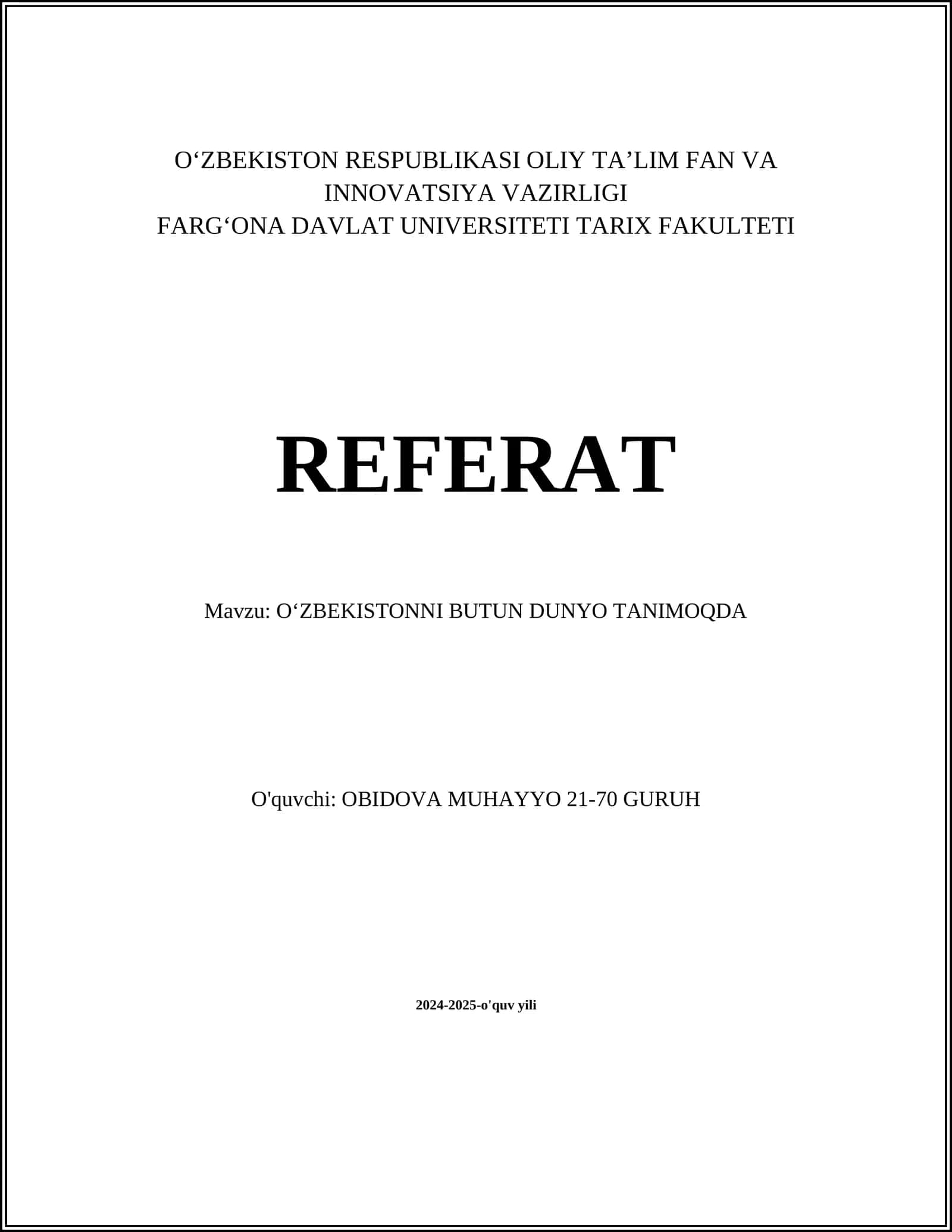 OʻZBEKISTONNI BUTUN DUNYO TANIMOQDA