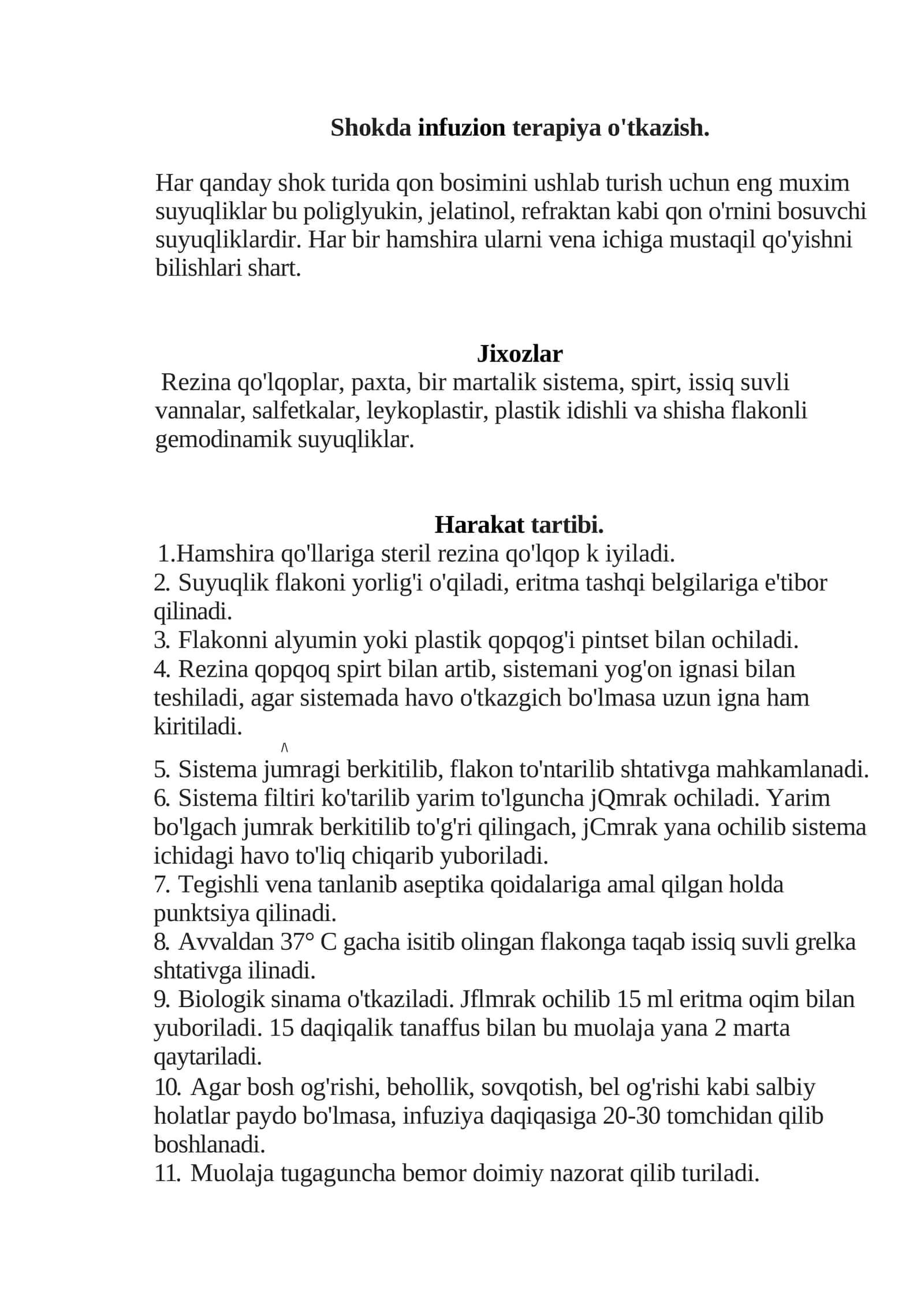 Shokda infuzion terapiya o'tkazish