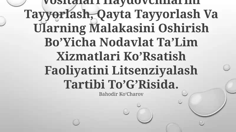 Avtomototransport Vositalari Va Shahar Elektr Transporti Vositalari Haydovchilarini Tayyorlash, Qayta Tayyorlash Va Ularning Malakasini Oshirish Bo’Yicha Nodavlat Ta’Lim Xizmatlari Ko’Rsatish Faoliyatini Litsenziyalash Tartibi To’G’Risida
