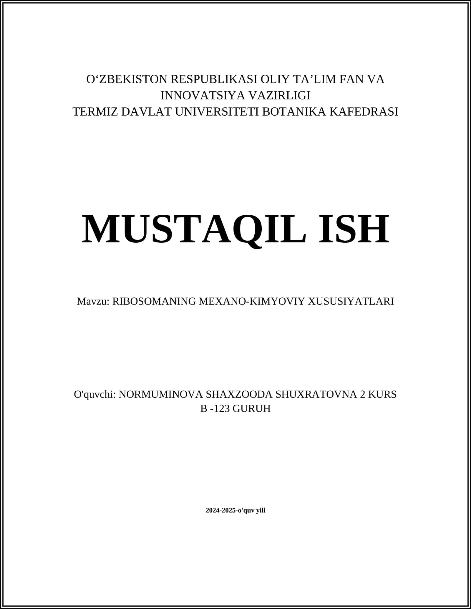 RIBOSOMANING MEXANO-KIMYOVIY XUSUSIYATLARI