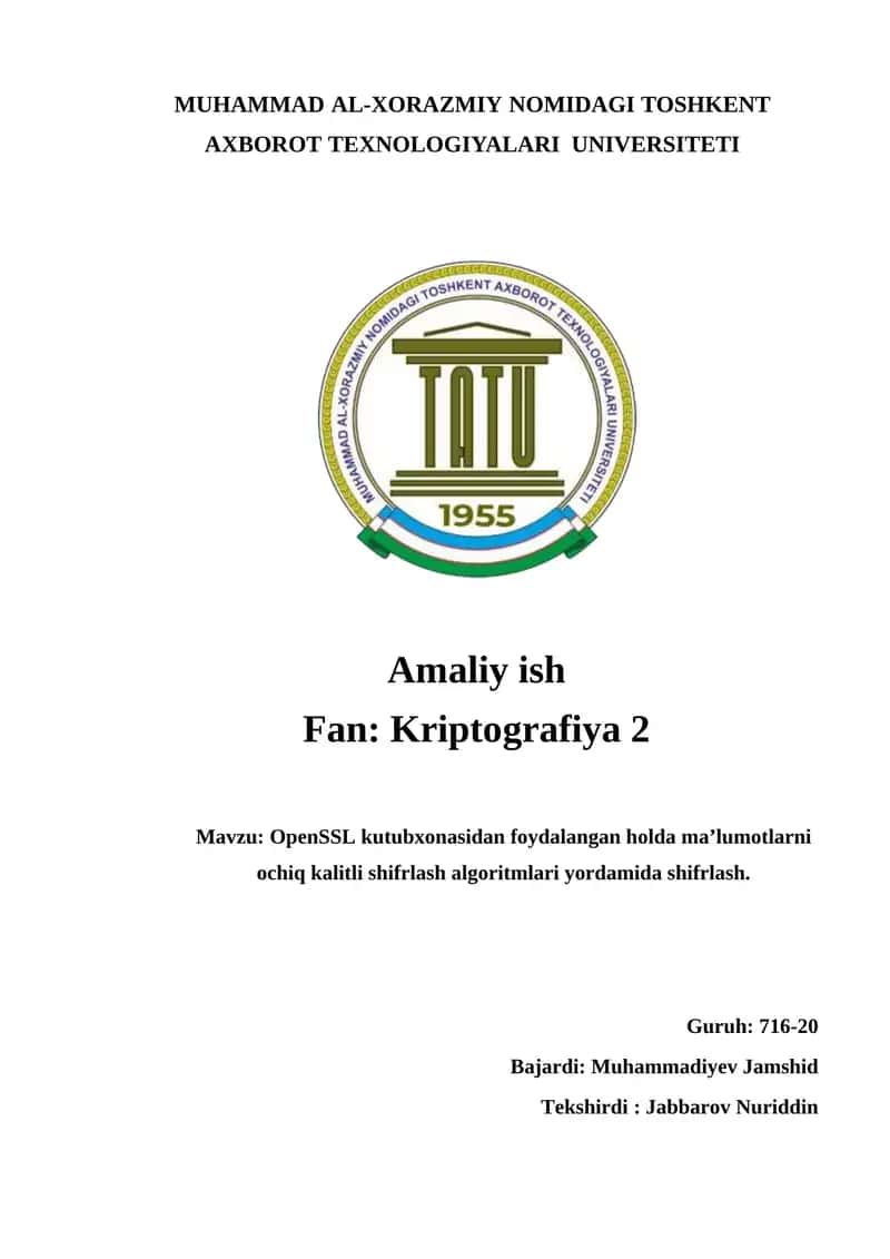 OpenSSL kutubxonasidan foydalangan holda ma’lumotlarni ochiq kalitli shifrlash algoritmlari yordami