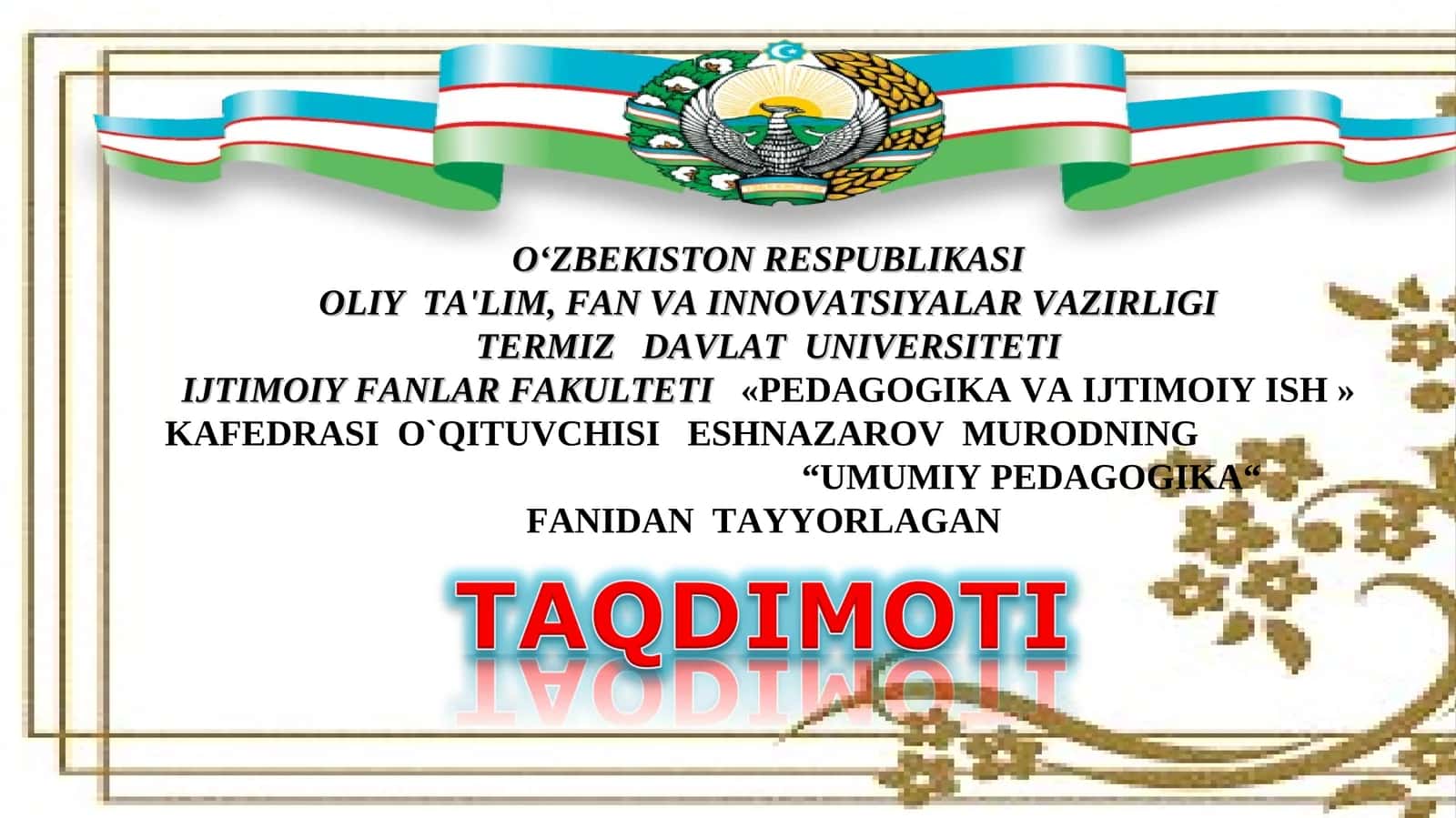 O’ZBEKISTON RESPUBLIKASI TA’LIM TIZIMIDA MODERNIZASIYA JARAYONLARI