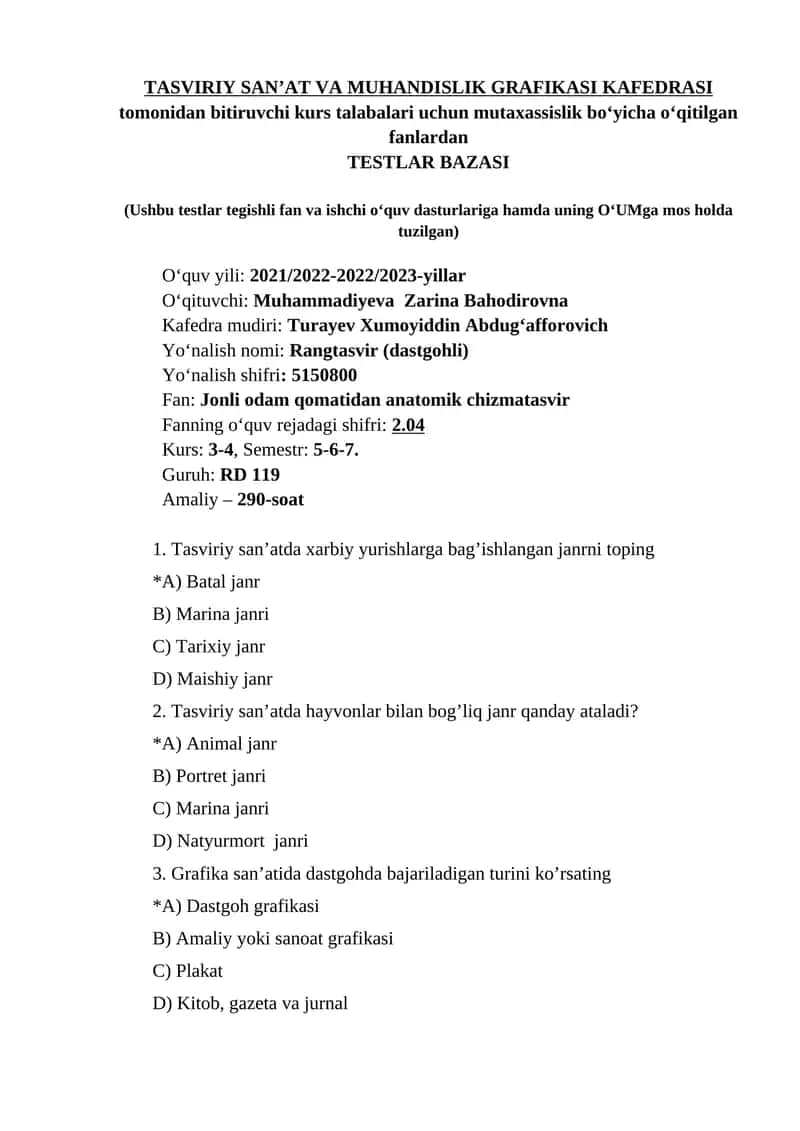TASVIRIY SAN’AT VA MUHANDISLIK GRAFIKASI KAFEDRASI