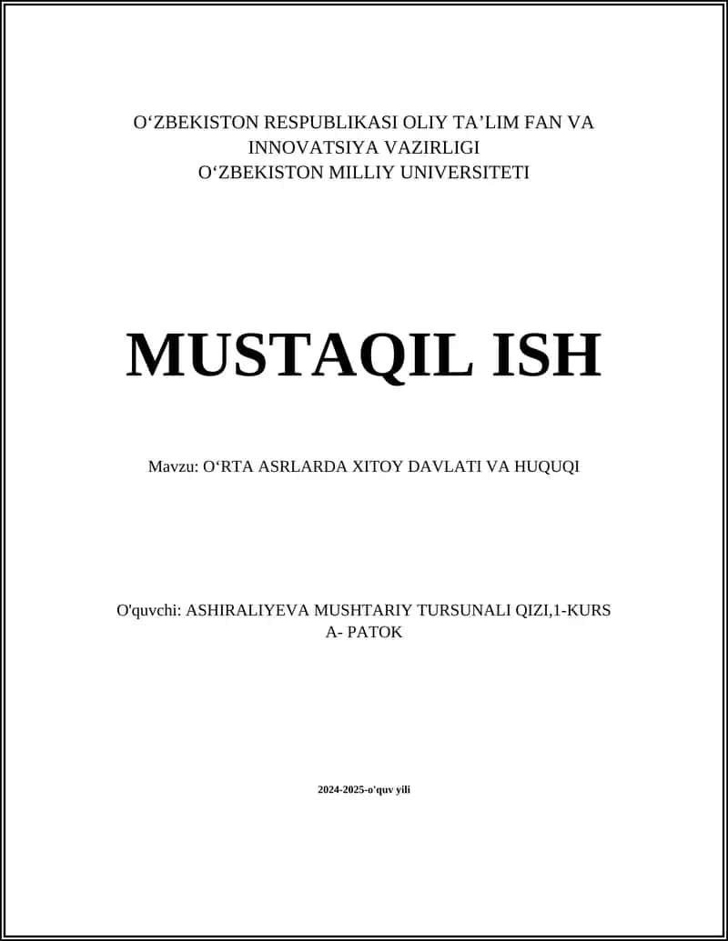 OʻRTA ASRLARDA XITOY DAVLATI VA HUQUQI