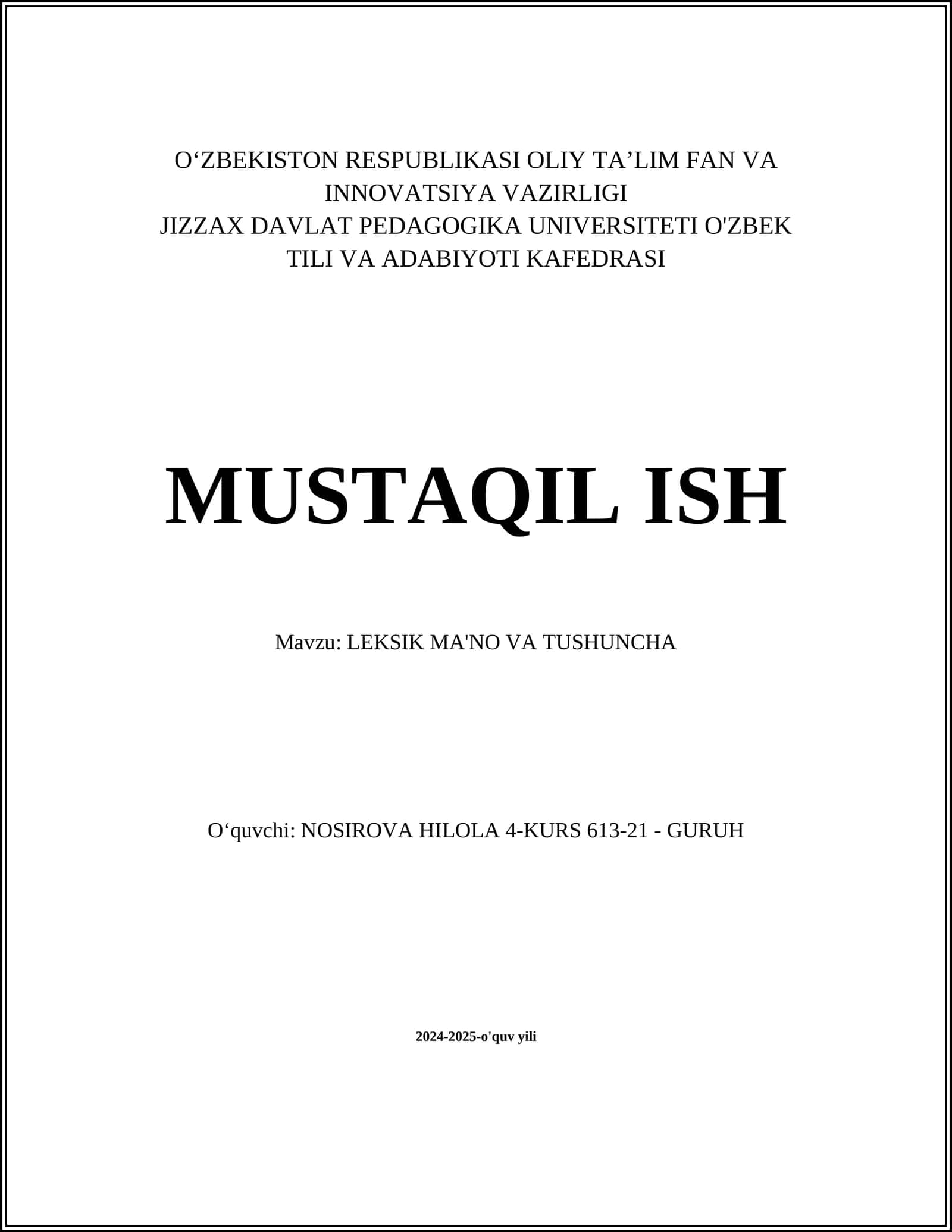 MAVZU: LEKSIK MA'NO VA TUSHUNCHA