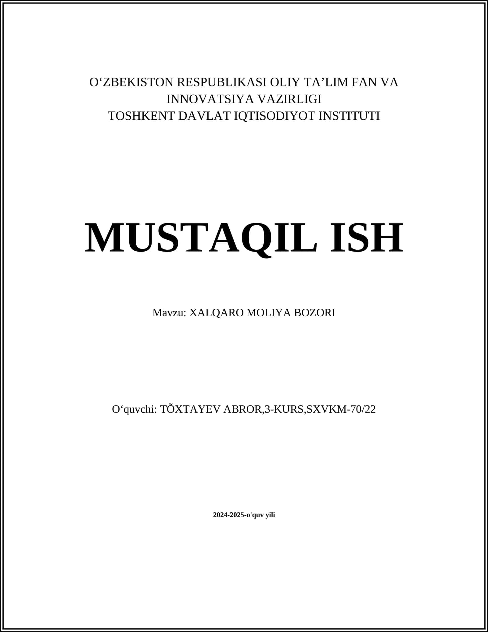 XALQARO MOLIYA BOZORI