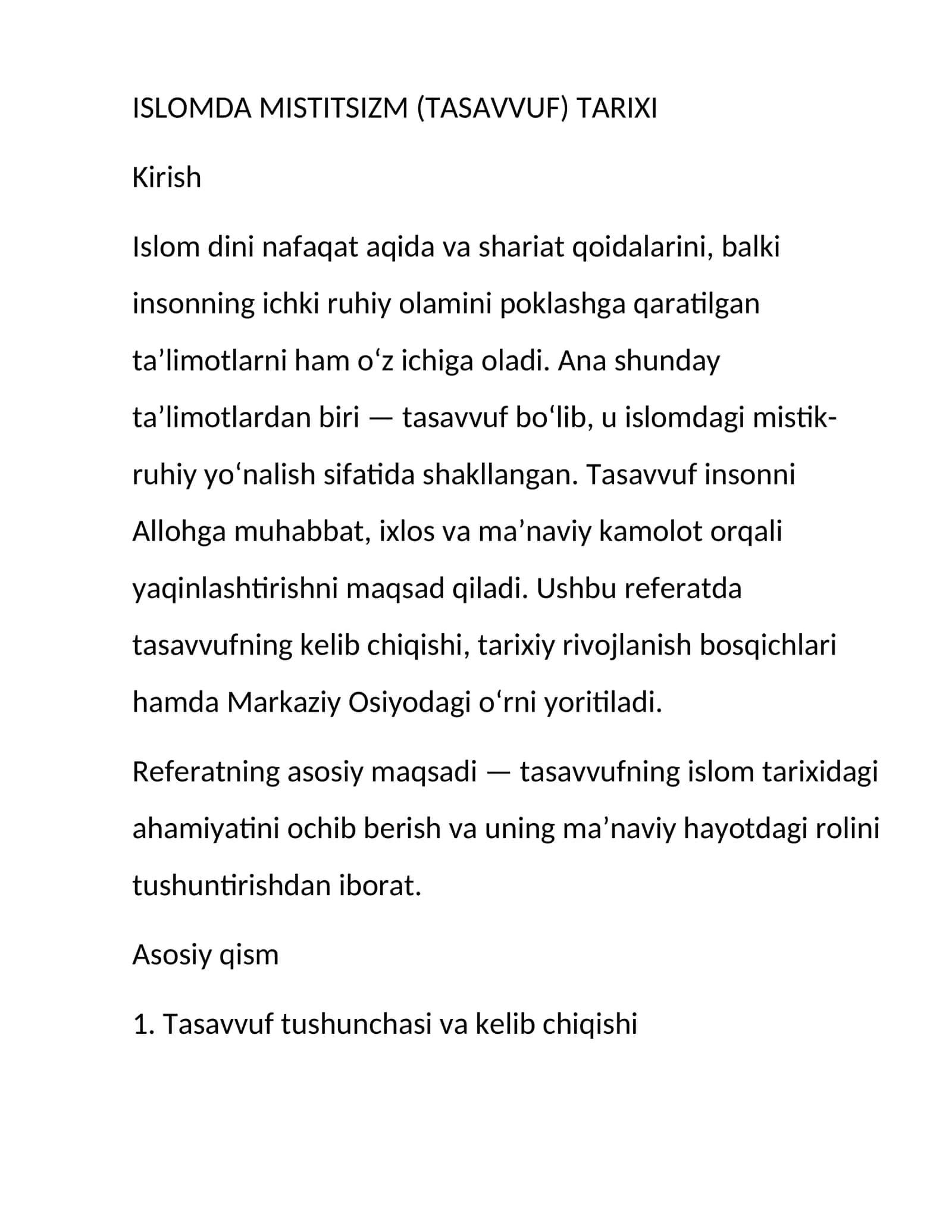 ISLOMDA MISTITSIZM (TASAVVUF) TARIXI