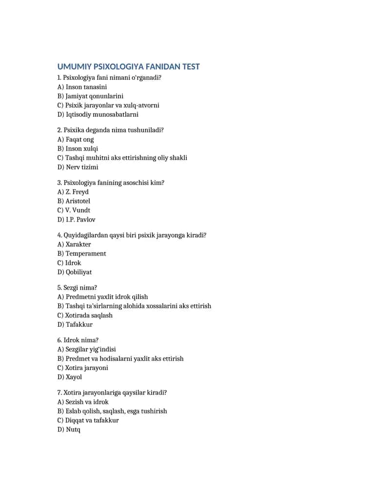 UMUMIY PSIXOLOGIYA FANIDAN TEST