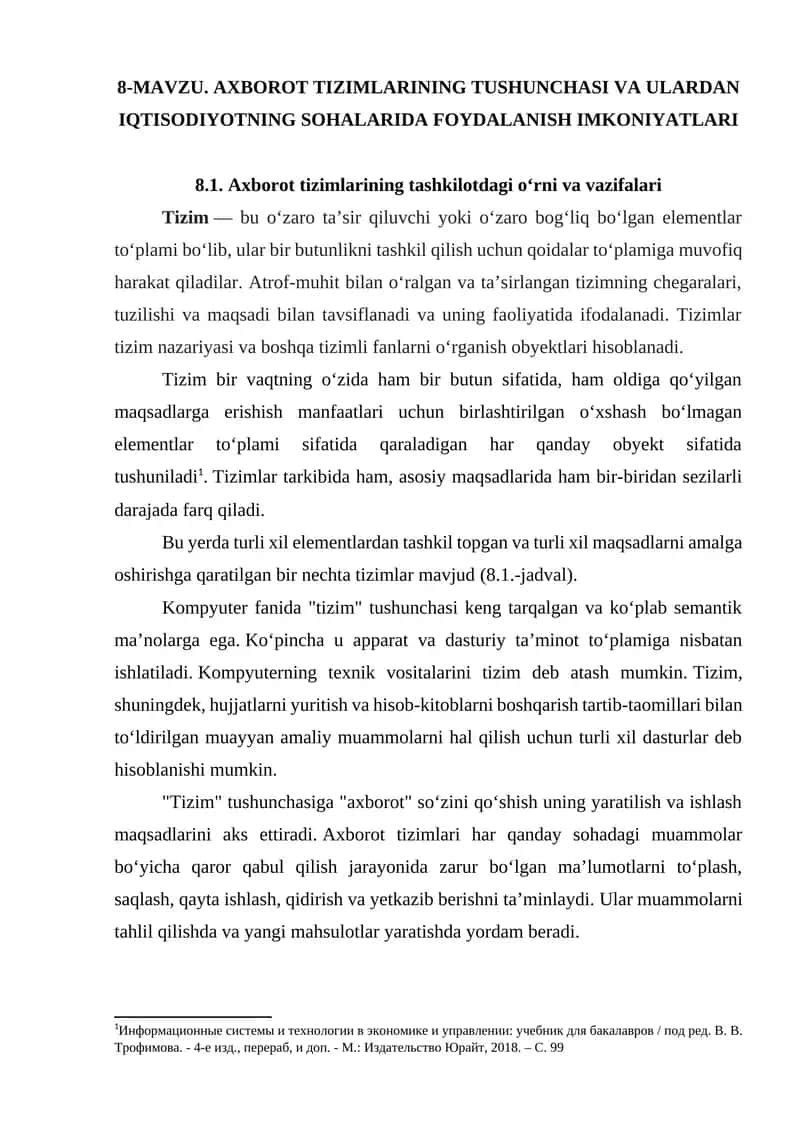Axborot tizimlarining tushunchasi va ulardan iqtisodiyotning sohalarida foydalanish imkoniyatlari