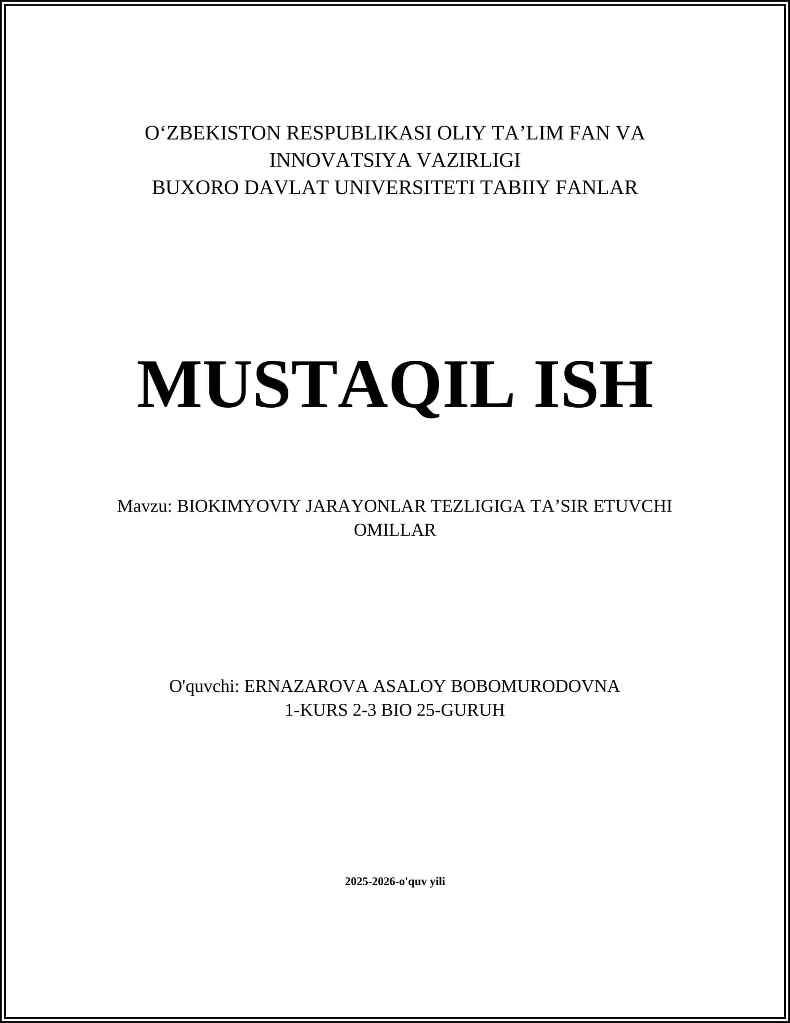 BIOKIMYOVIY JARAYONLAR TEZLIGIGA TAʼSIR ETUVCHI OMILLAR