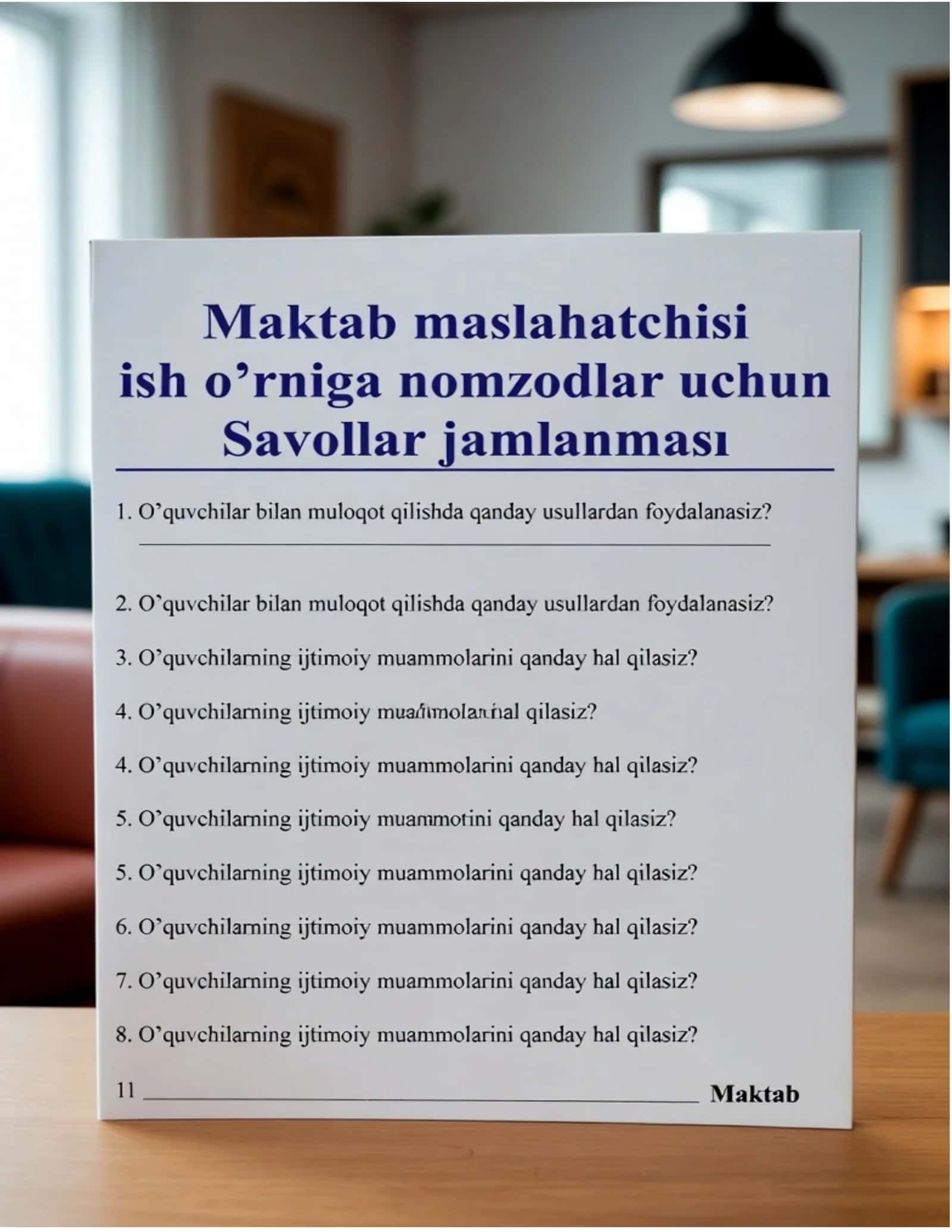 Maktab maslahatchisi lavozimi uchun imtihon savollari va javoblari. 2026