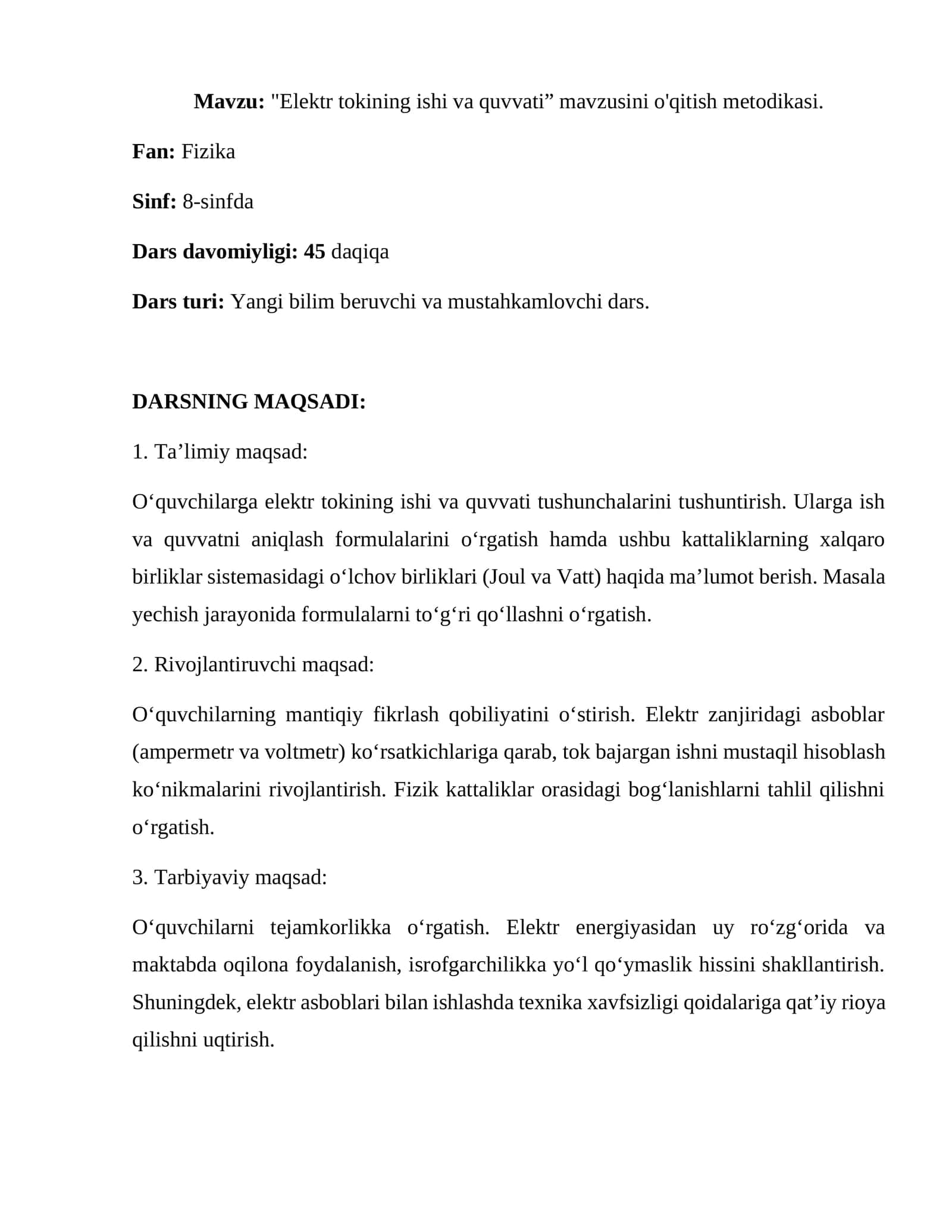"Elektr tokining ishi va quvvati” mavzusini o'qitish metodikasi