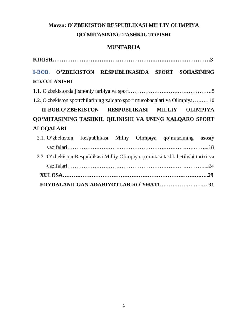 O'ZBEKISTON RESPUBLIKASI MILLIY OLIMPIYA QO'MITASINING TASHKIL TOPISHI MUNTARIJA