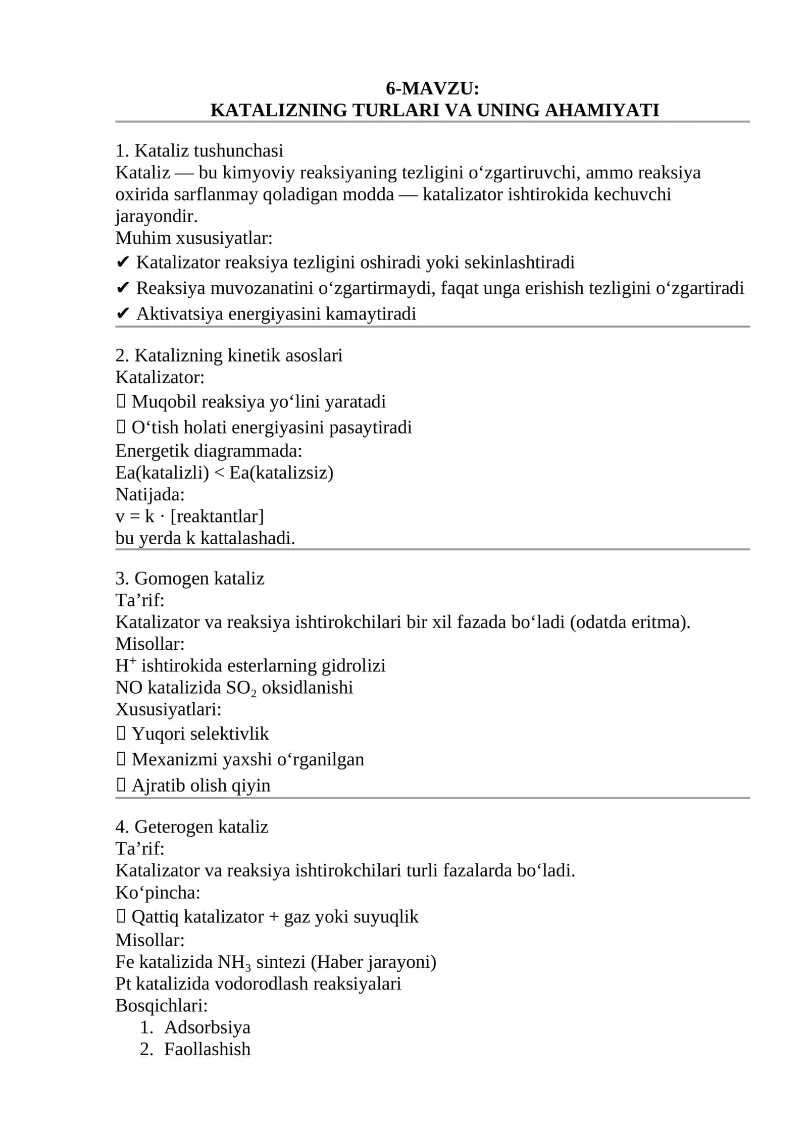 KATALIZNING TURLARI VA UNING AHAMIYATI