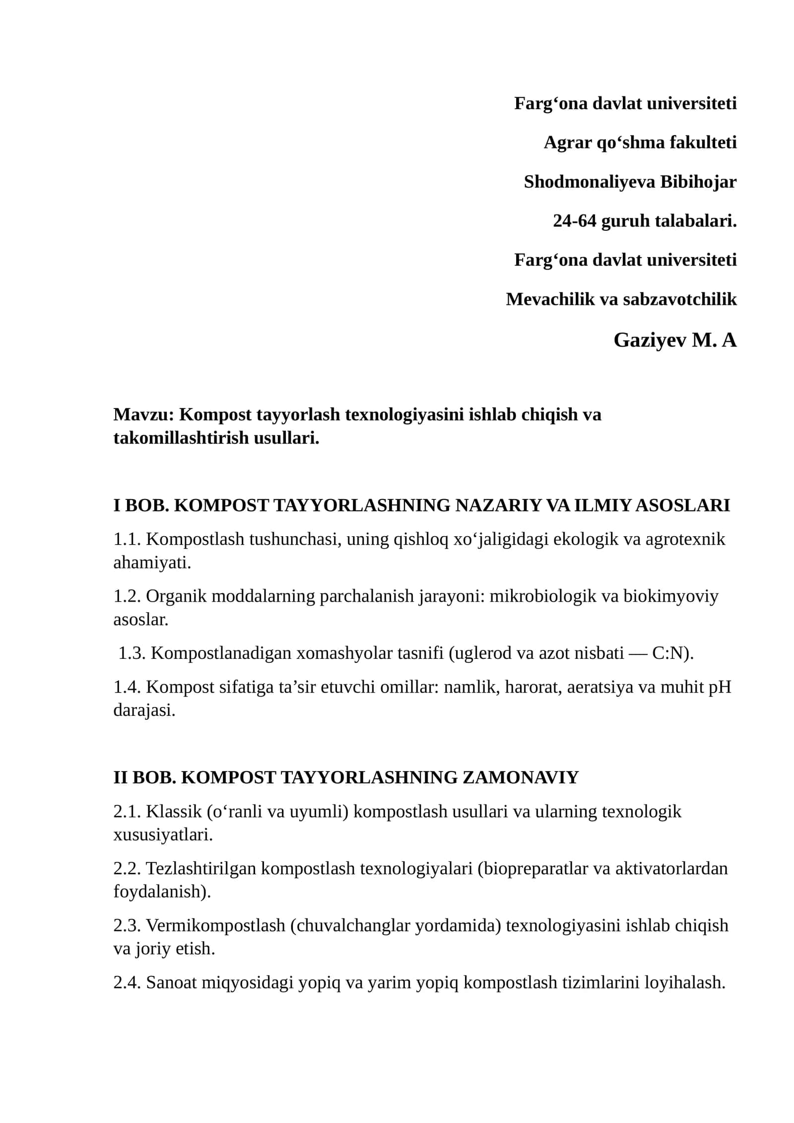 Kompost tayyorlash texnologiyasini ishlab chiqish va takomillashtirish usullari