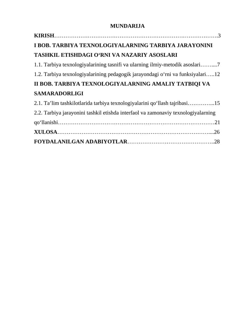 Tarbiya texnologiyalarining tarbiya jarayonini tashkil