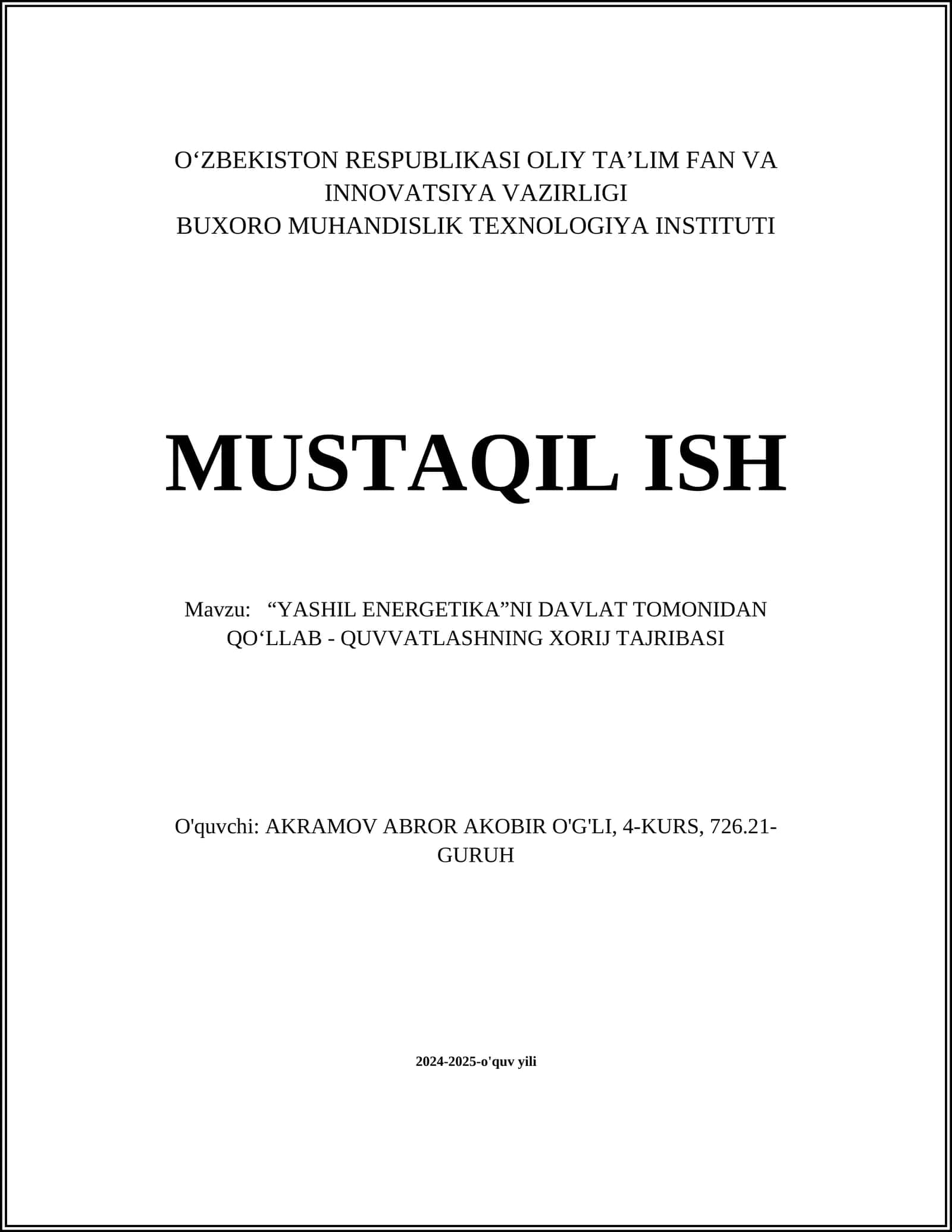 YASHIL ENERGETIKA NI DAVLAT TOMONIDAN QO‘LLAB - QUVVATLASHNING XORIJ TAJRIBASI