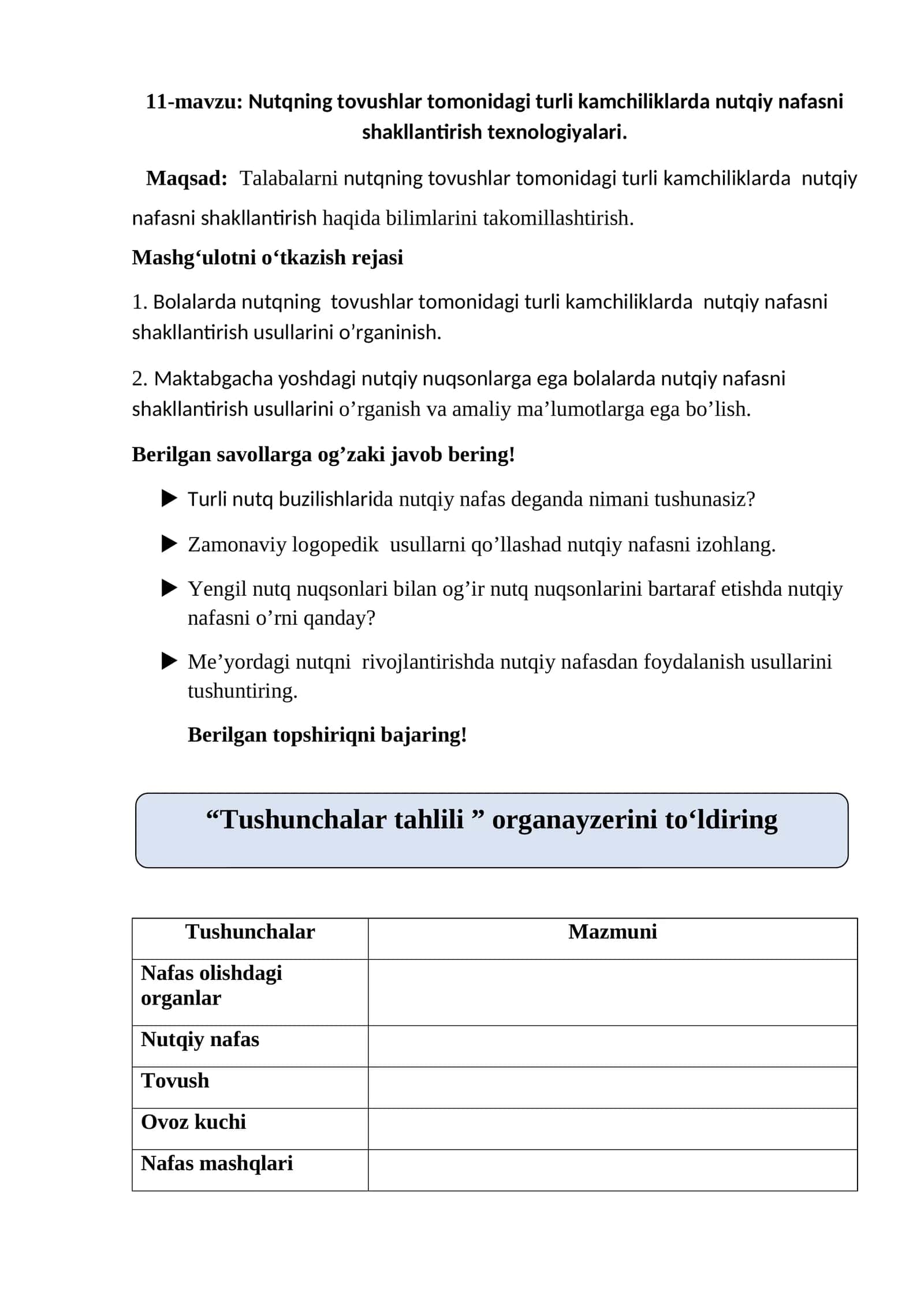 11-mavzu: Nutqning tovushlar tomonidagi turli kamchiliklarda nutqiy nafasni shakllantirish texnologiyalari