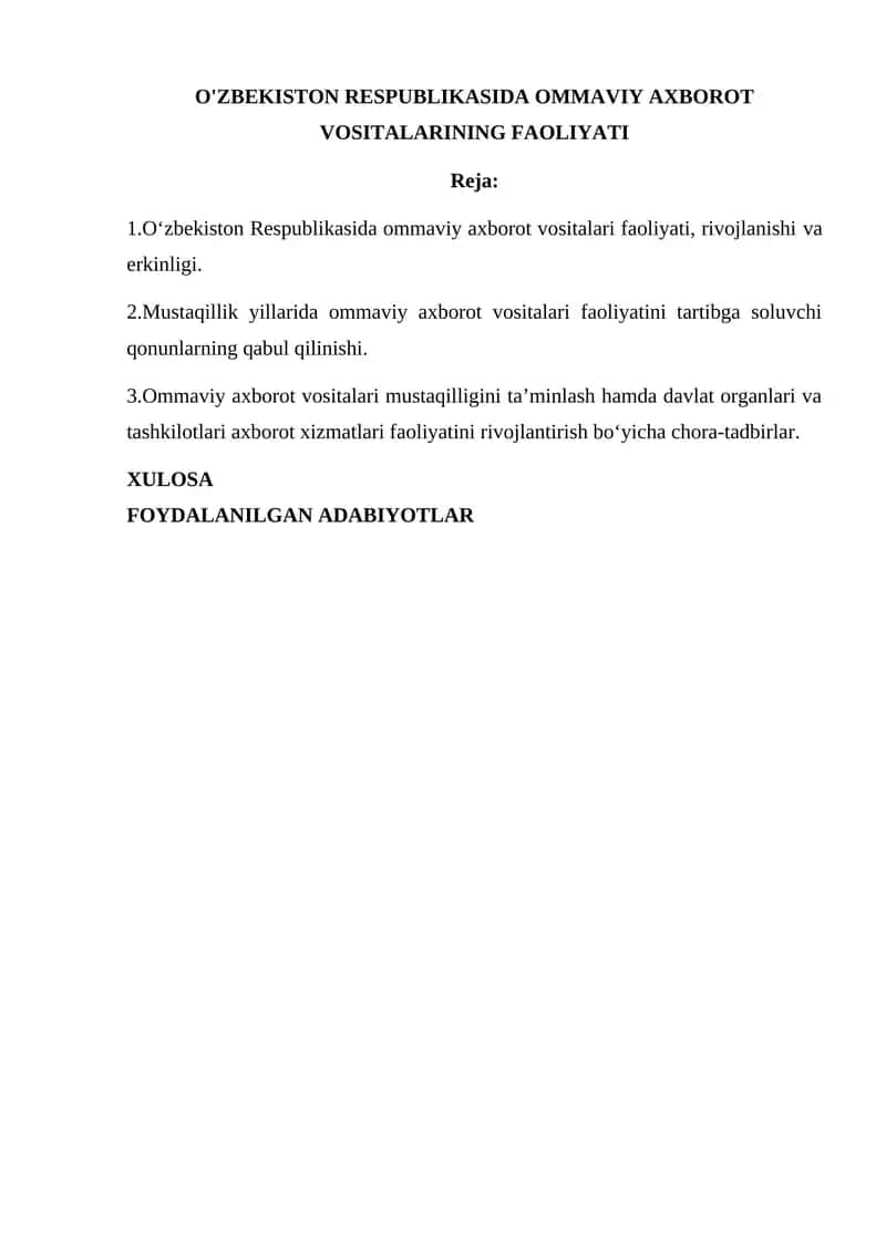 O'ZBEKISTON RESPUBLIKASIDA OMMAVIY AXBOROT VOSITALARINING FAOLIYATI