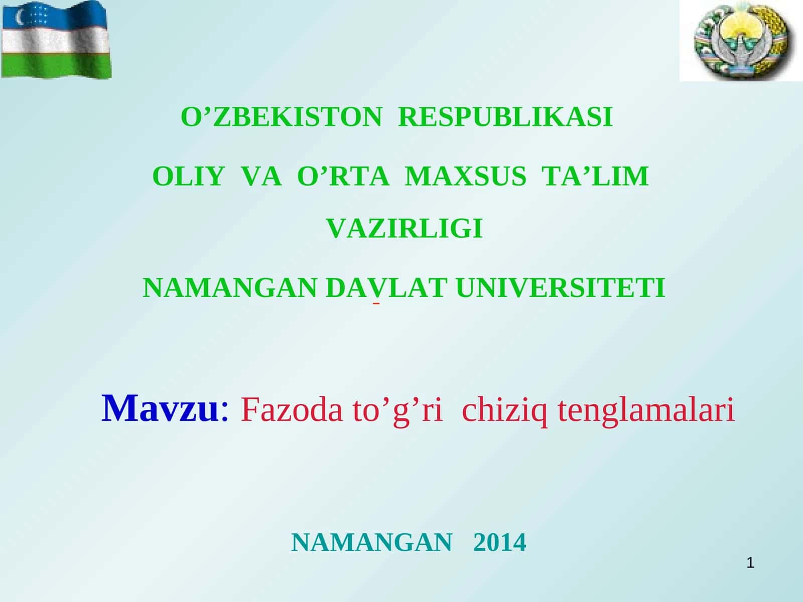 Fazoda to’g’ri chiziq tenglamalari