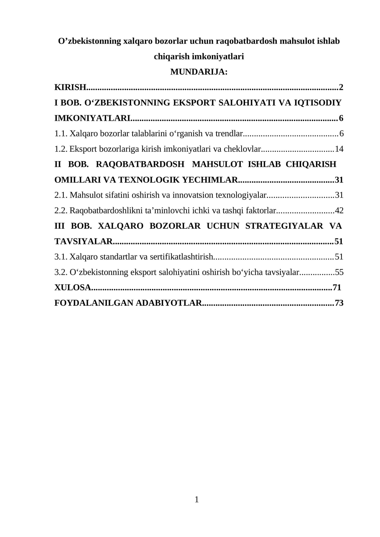 O’zbekistonning xalqaro bozorlar uchun raqobatbardosh mahsulot ishlab chiqarish imkoniyatlari