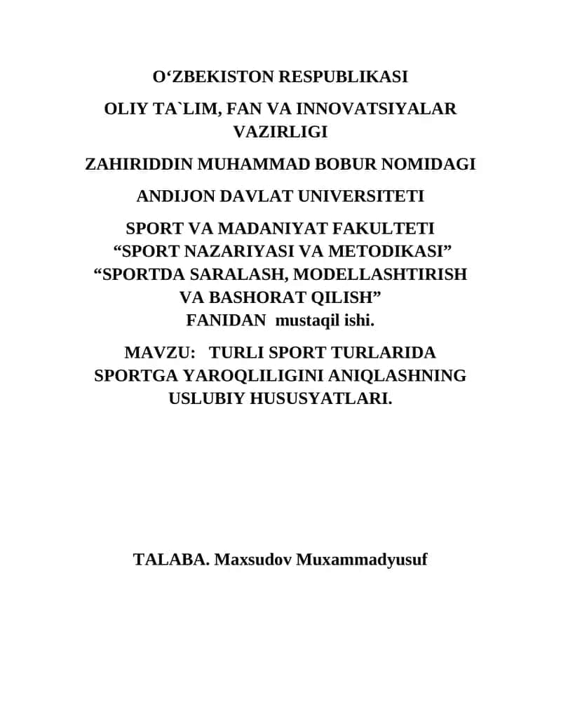 SPORTDA SARALASH, MODELLASHTIRISH VA BASHORAT QILISH
