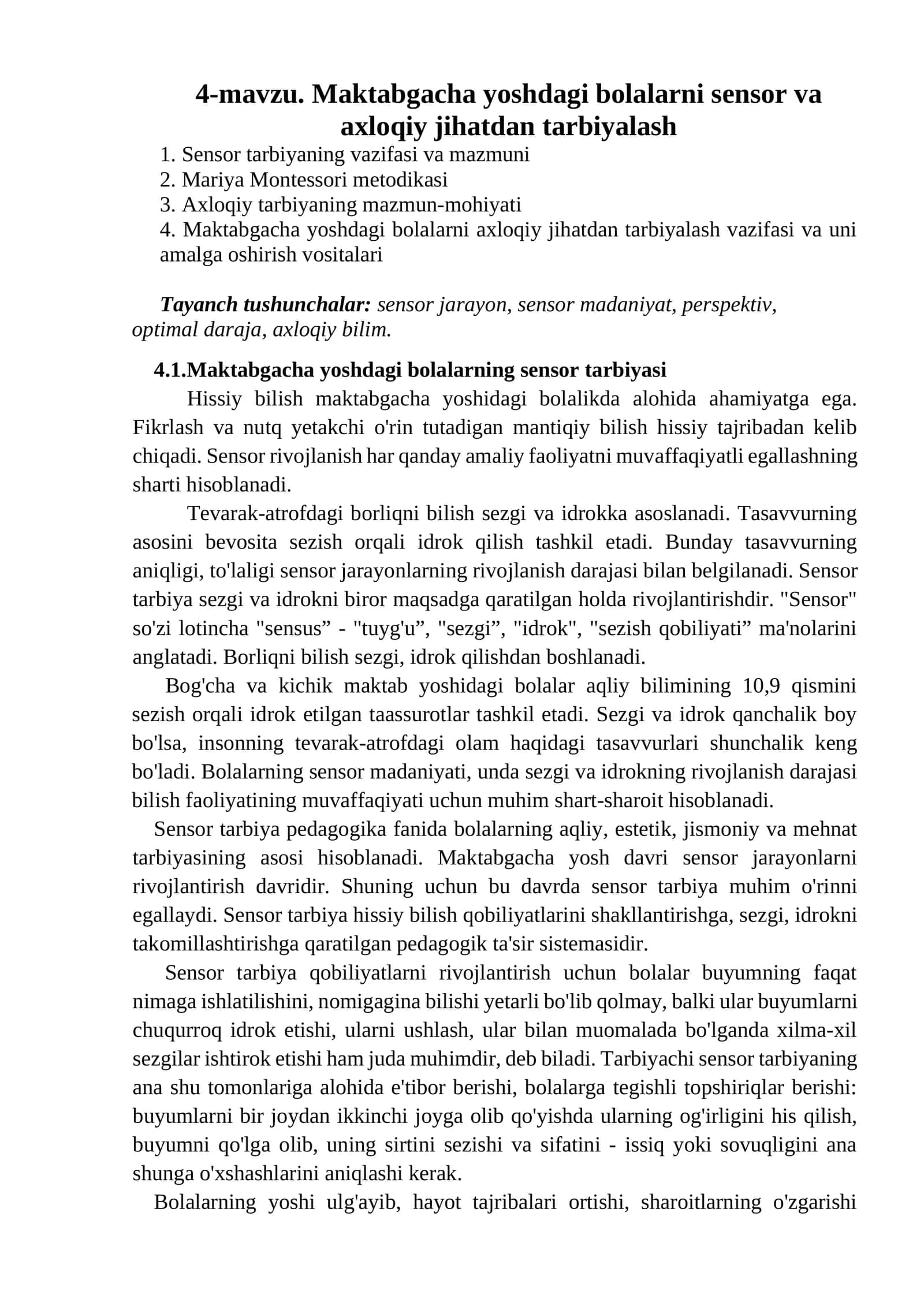 Maktabgacha yoshdagi bolalarni sensor va axloqiy jihatdan tarbiyalash