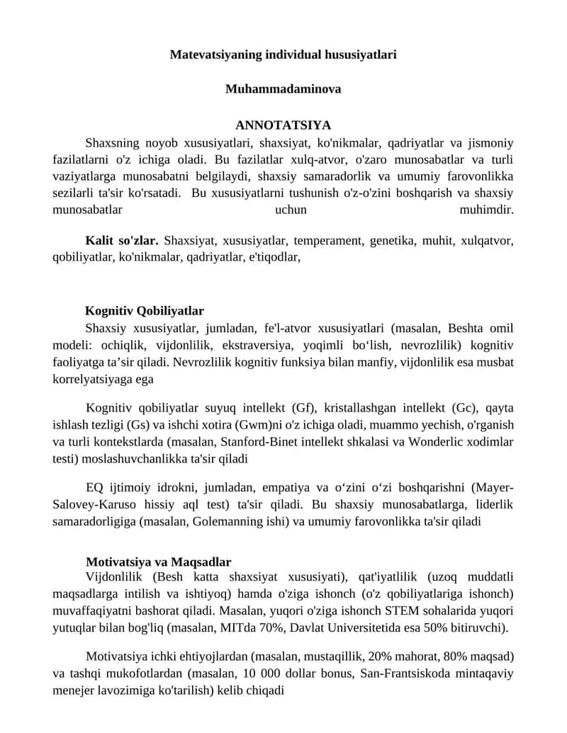 Matevatsiyaning individual hususiyatlari
