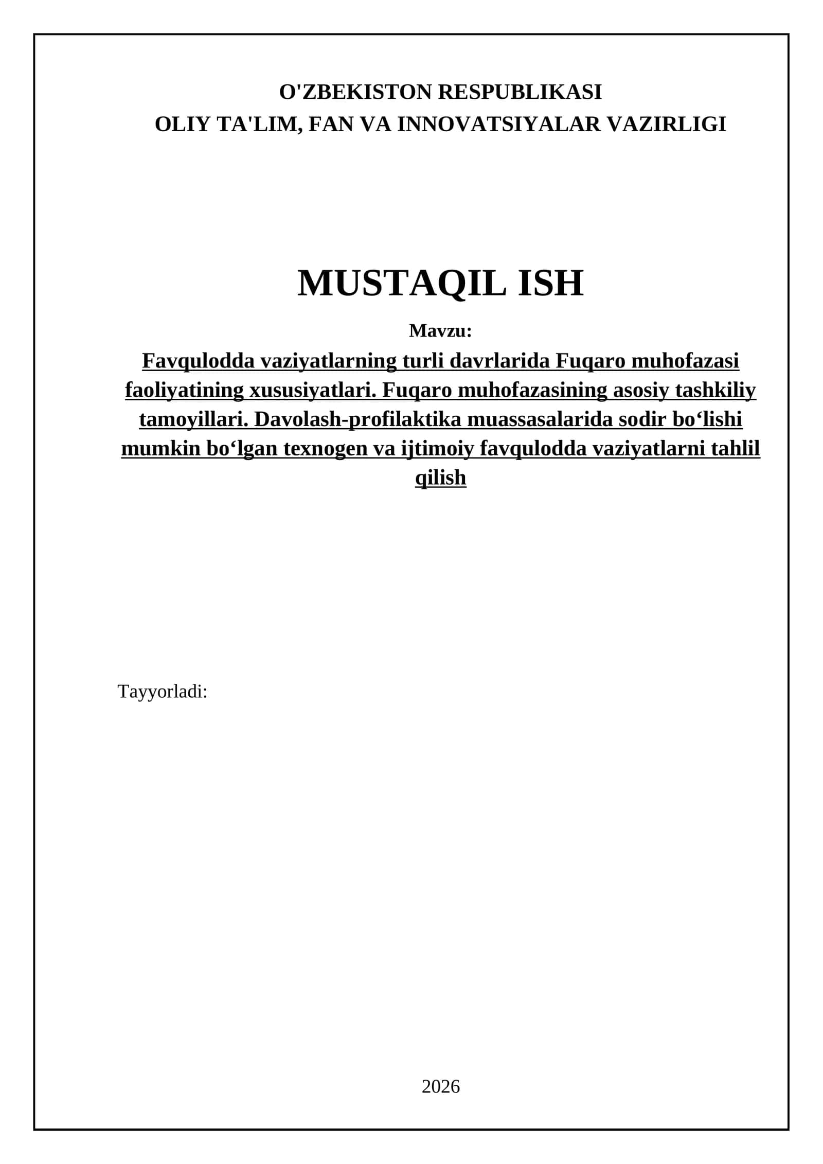 Favqulodda vaziyatlarning turli davrlarida Fuqaro muhofazasi faoliyatining xususiyatlari. Fuqaro muhofazasining asosiy tashkiliy tamoyillari. Davolash-profilaktika muassasalarida sodir bo‘lishi mumkin bo‘lgan texnogen va ijtimoiy favqulodda vaziyatlarni tahlil qilish