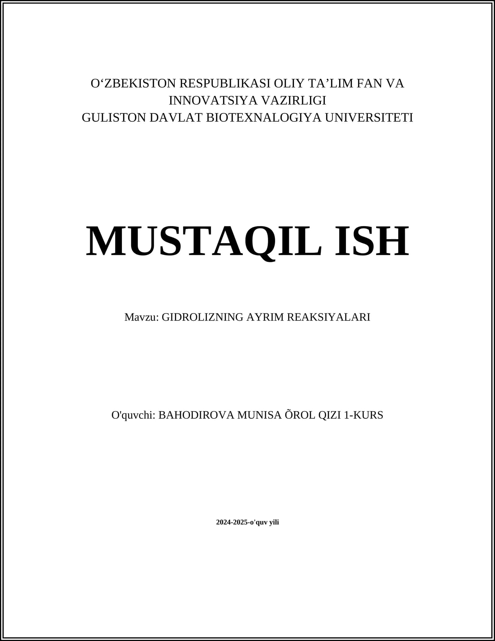 GIDROLIZNING AYRIM REAKSIYALARI