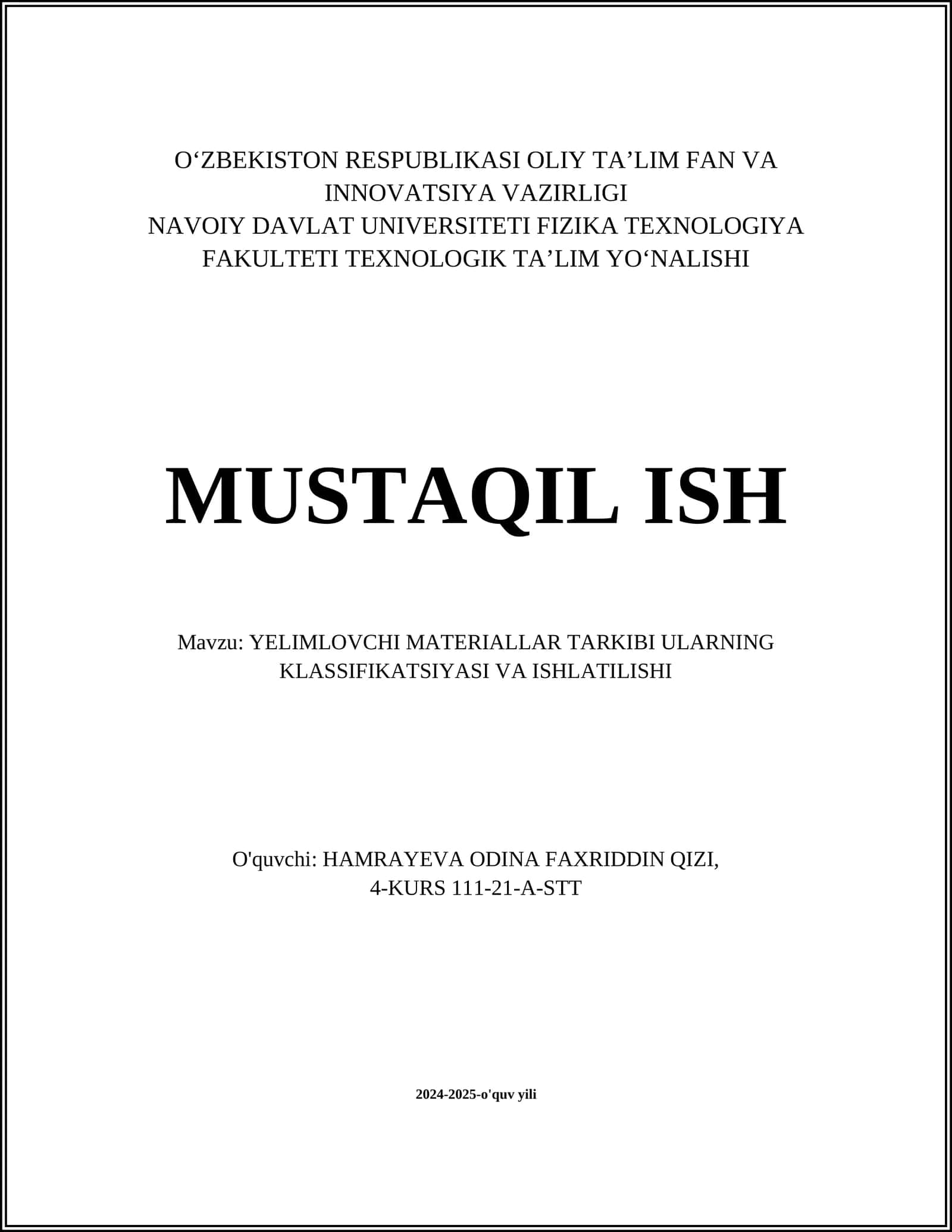 YELIMLOVCHI MATERIALLAR TARKIBI ULARNING KLASSIFIKATSIYASI VA ISHLATILISHI