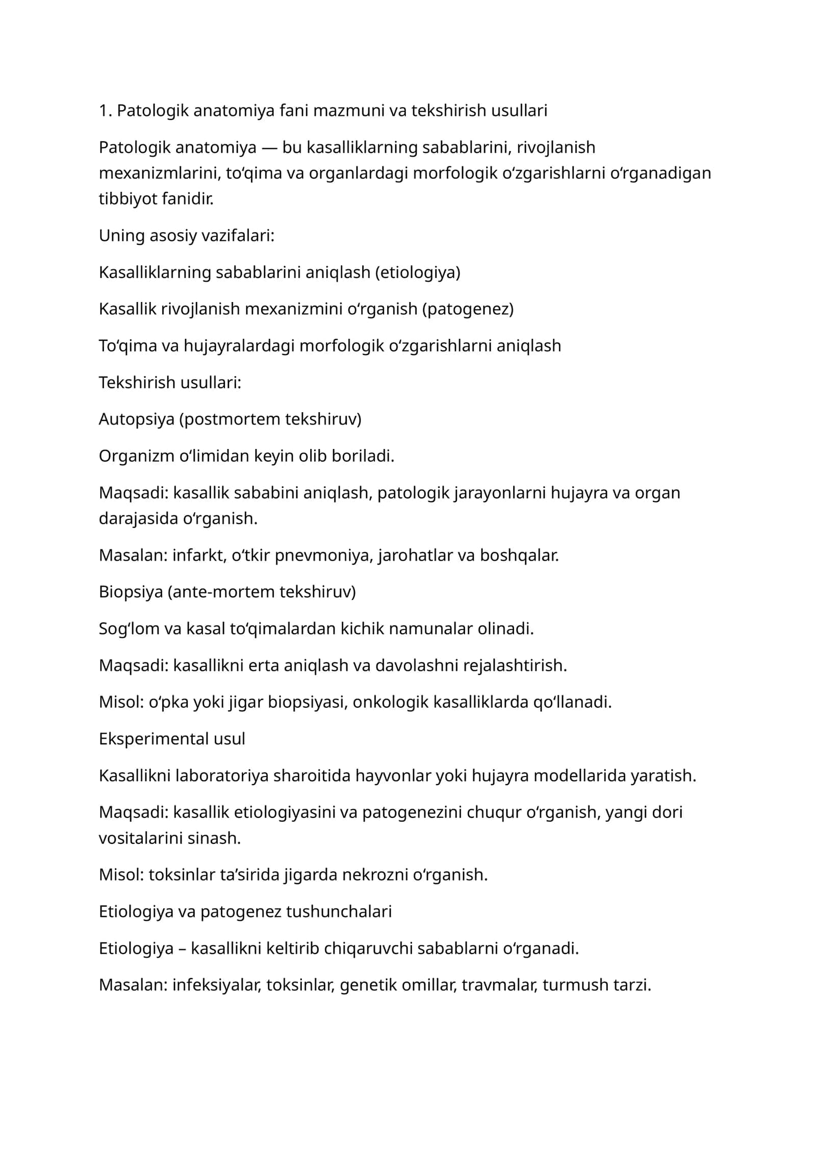 Patologik anatomiya fani mazmuni va tekshirish usullari