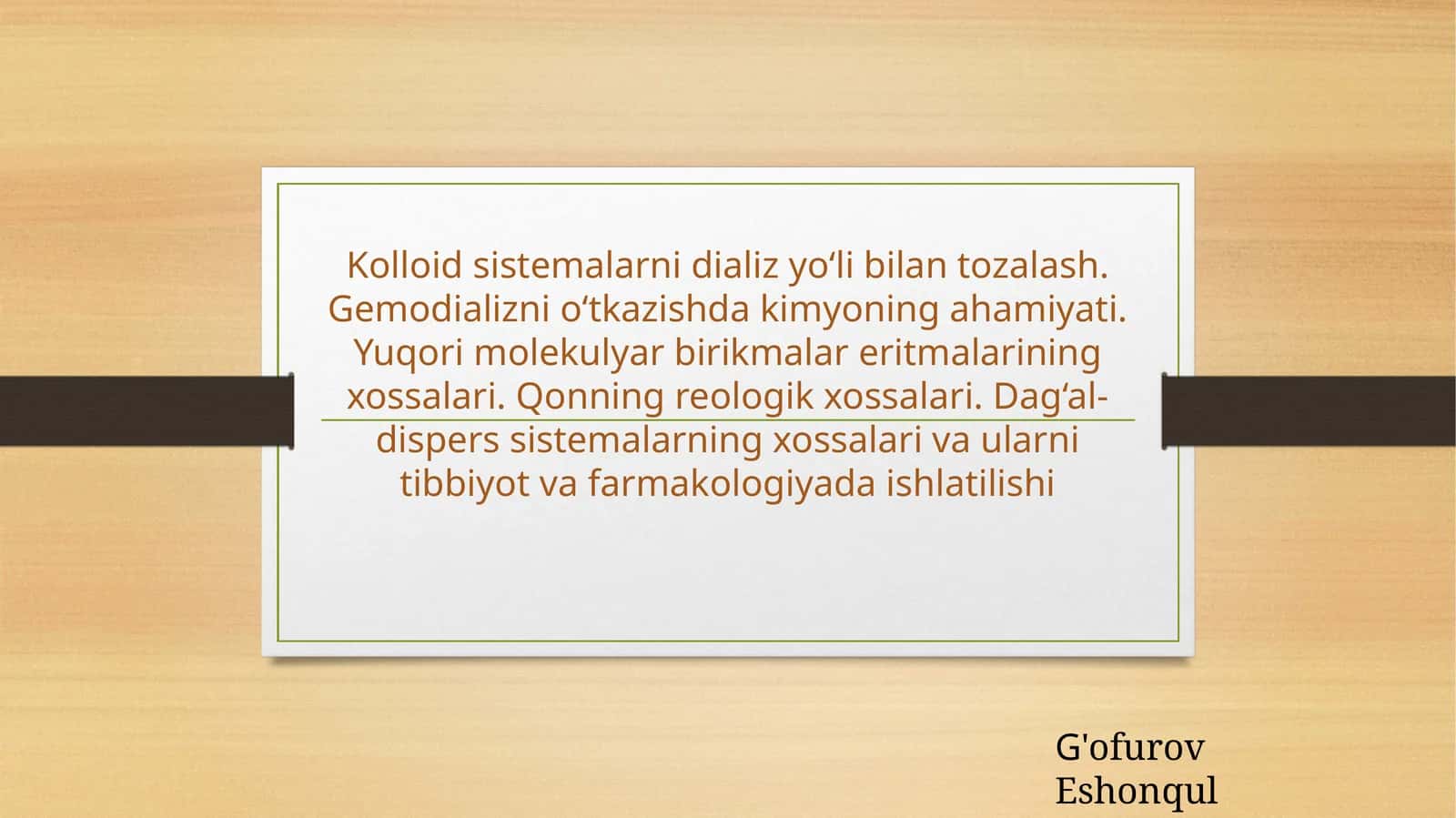 Kolloidsistemalarnidializyo‘libilantozalash.Gemodializnio‘tkazishdakimyoningahamiyati.Yuqorimolekulyarbirikmalareritmalariningxossalari.Qonningreologikxossalari.Dag‘al-disperssistemalarningxossalarivaularnitibbiyotvafarmakologiyadaishlatilishi