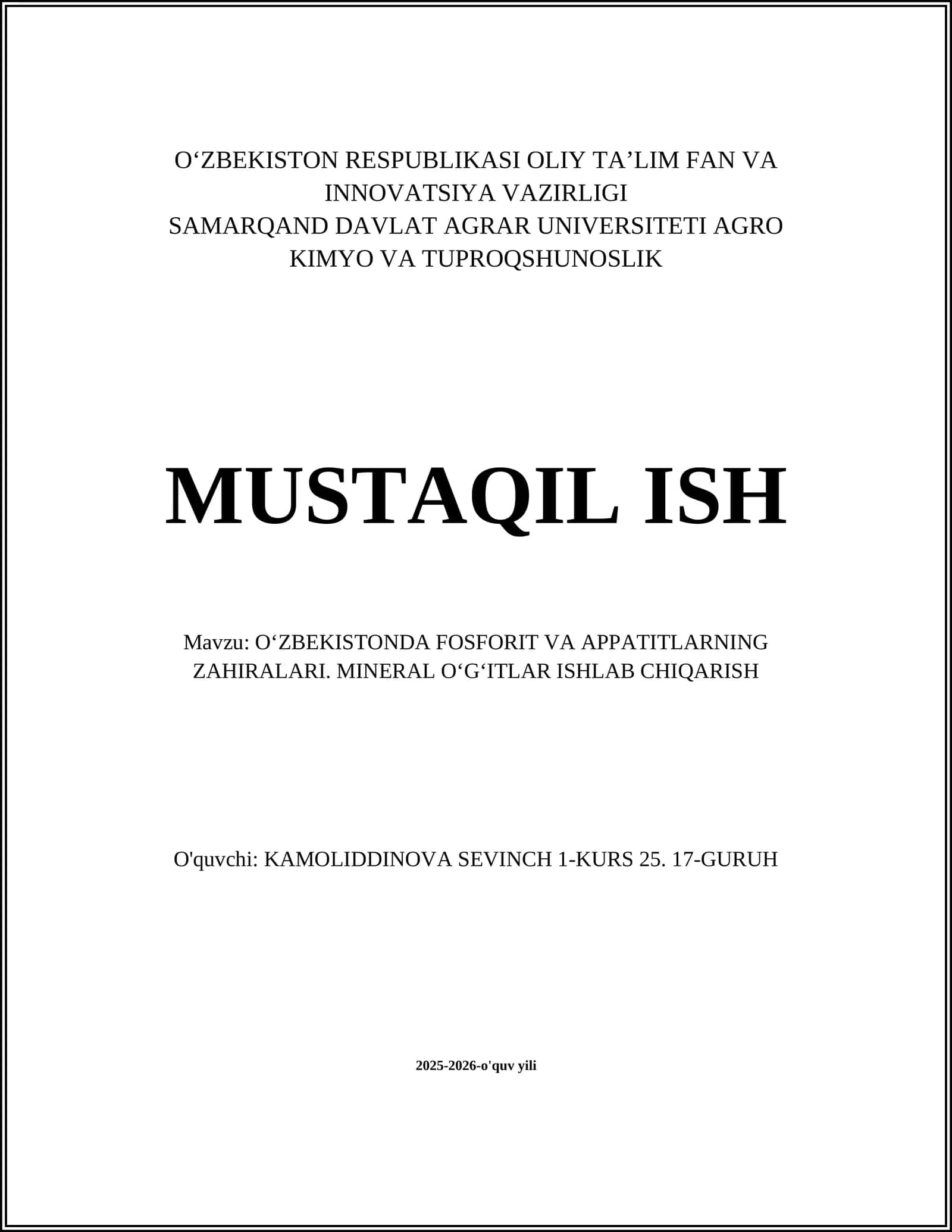OʻZBEKISTONDA FOSFORIT VA APPATITLARNING ZAHIRALARI