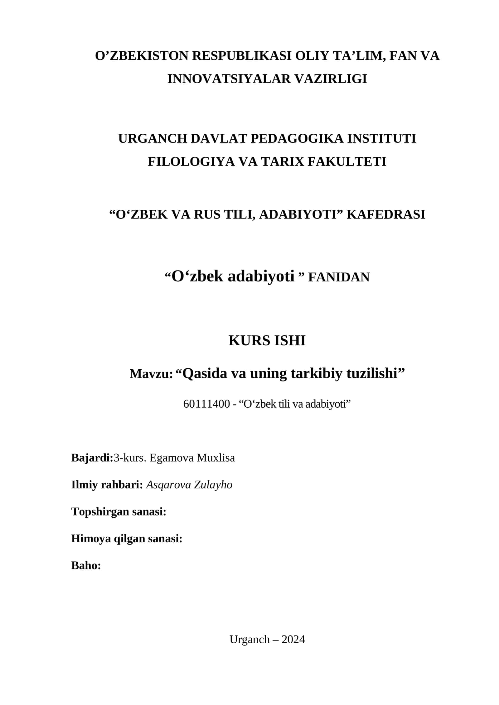 "Qasida va uning tarkibiy tuzilishi" KURS ISHI