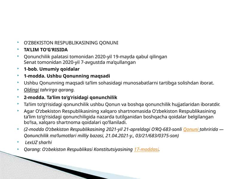 O‘ZBEKISTON RESPUBLIKASINING QONUNI