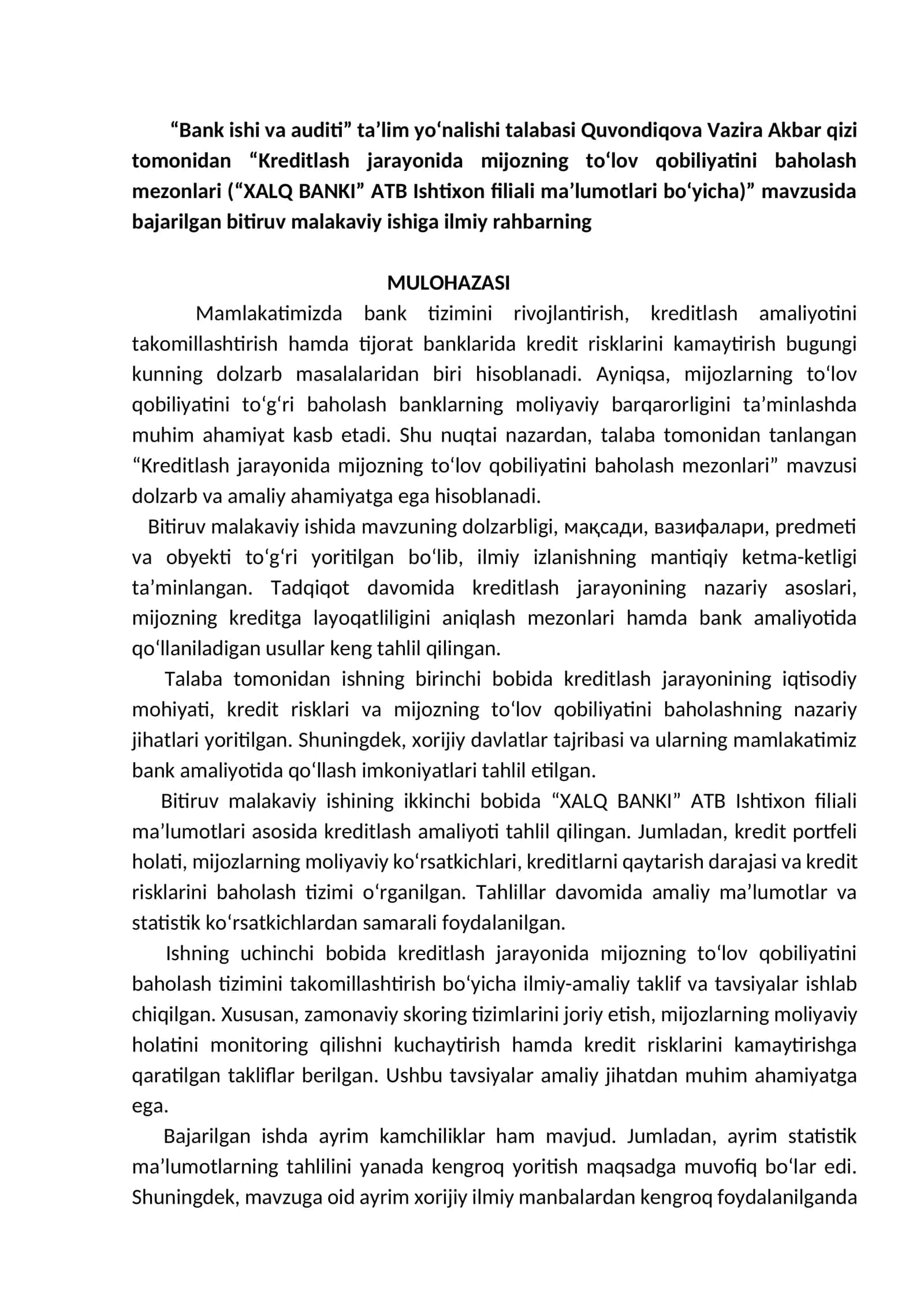Kreditlash jarayonida mijozning to'lov qobiliyatini baholash mezonlari