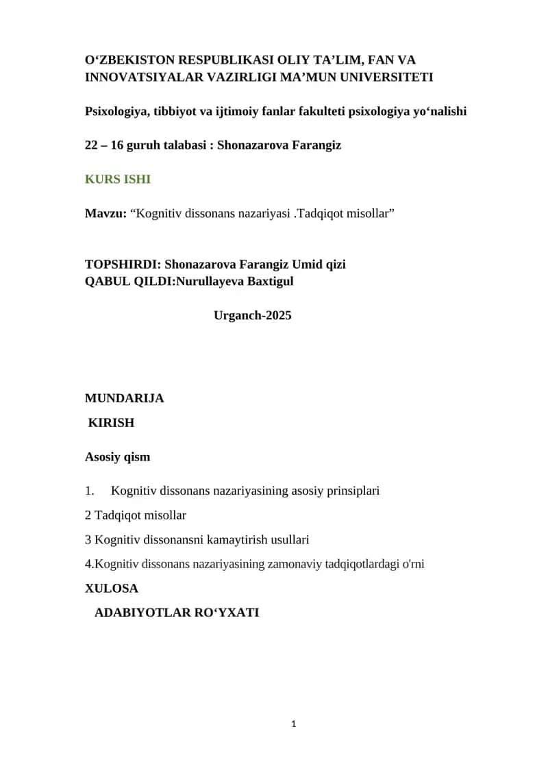 "Kognitiv dissonans nazariyasi.Tadqiqot misollar"